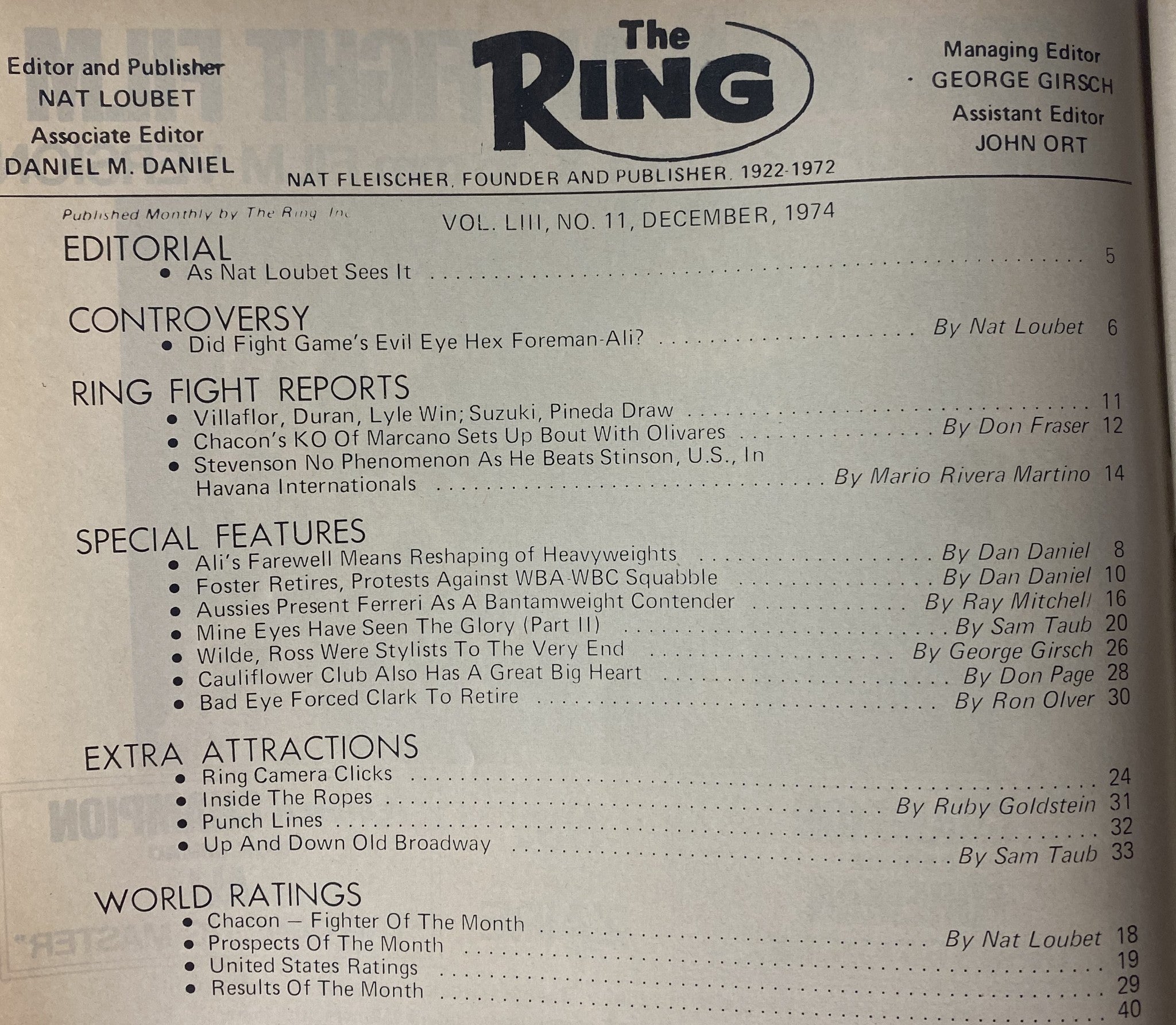 Interior page of The Ring Magazine December 1974, showcasing the editorial section and various features including reports on boxing legends such as Roberto Durán and Bobby Chacon.