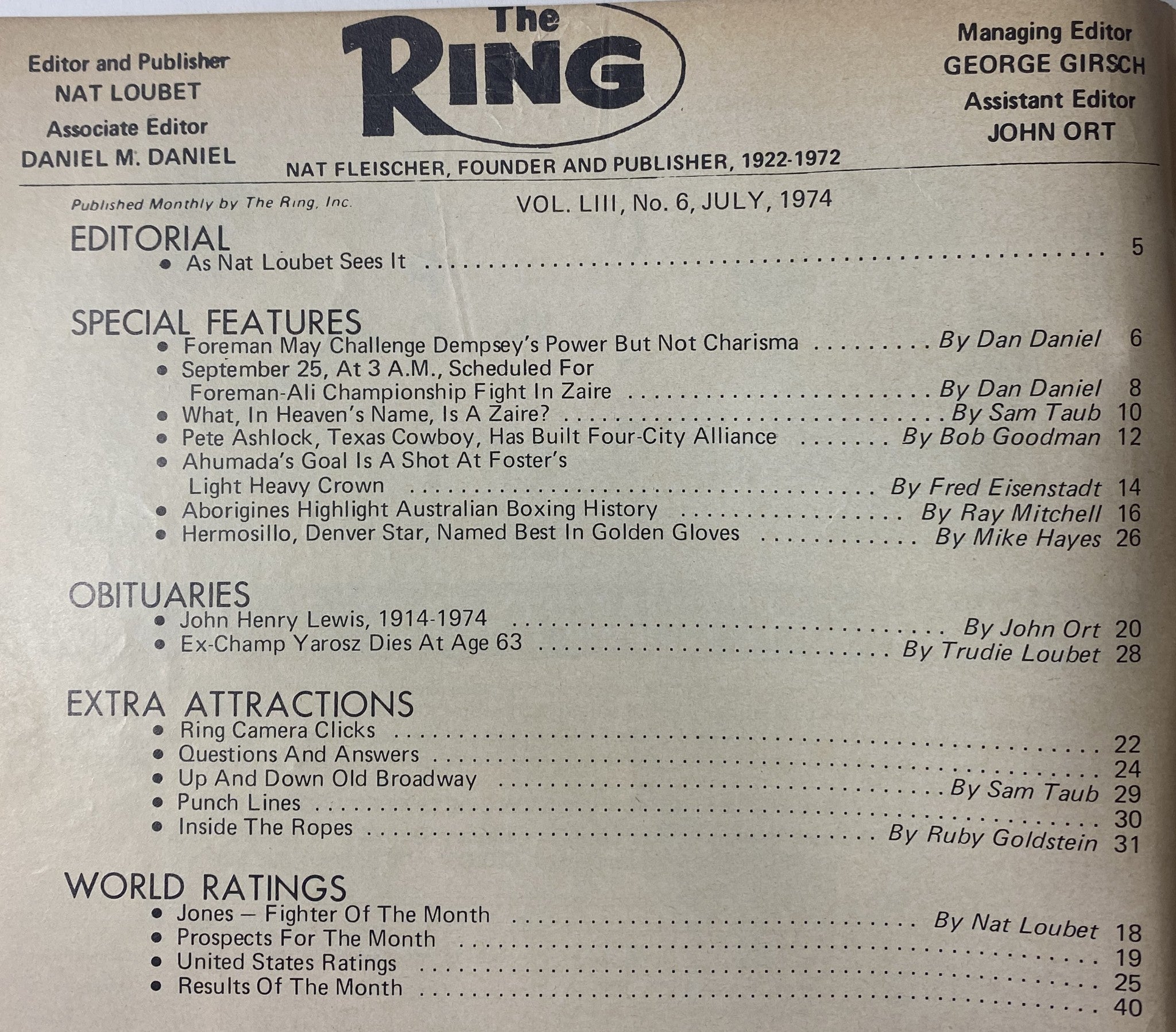 Inside page of The Ring Magazine July 1974, including an editorial section by Nat Loubet, special features, obituaries, and extra attractions, all related to boxing history and the build-up to major fights.