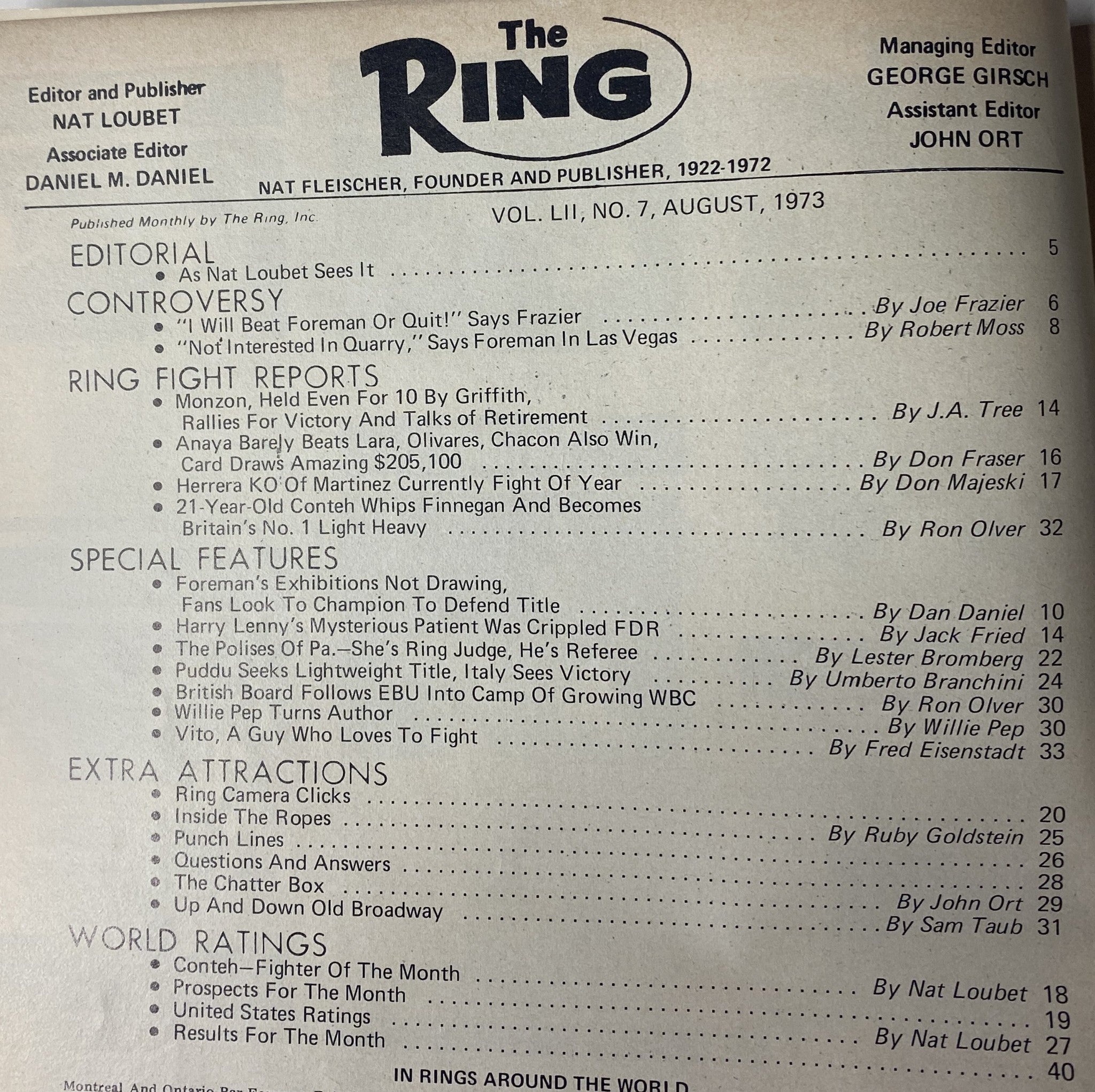 Inside page of The Ring Magazine August 1973 detailing articles on boxing controversy, fight reports, and features, with edited contributions from renowned boxing writers.
