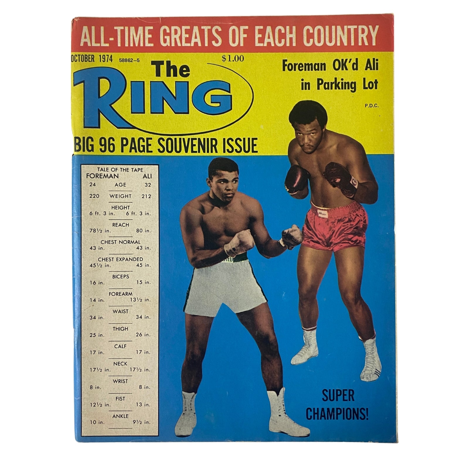 The Ring Magazine cover from October 1974 featuring George Foreman and Muhammad Ali, highlighted as a big 96-page souvenir issue, priced at $1.00.