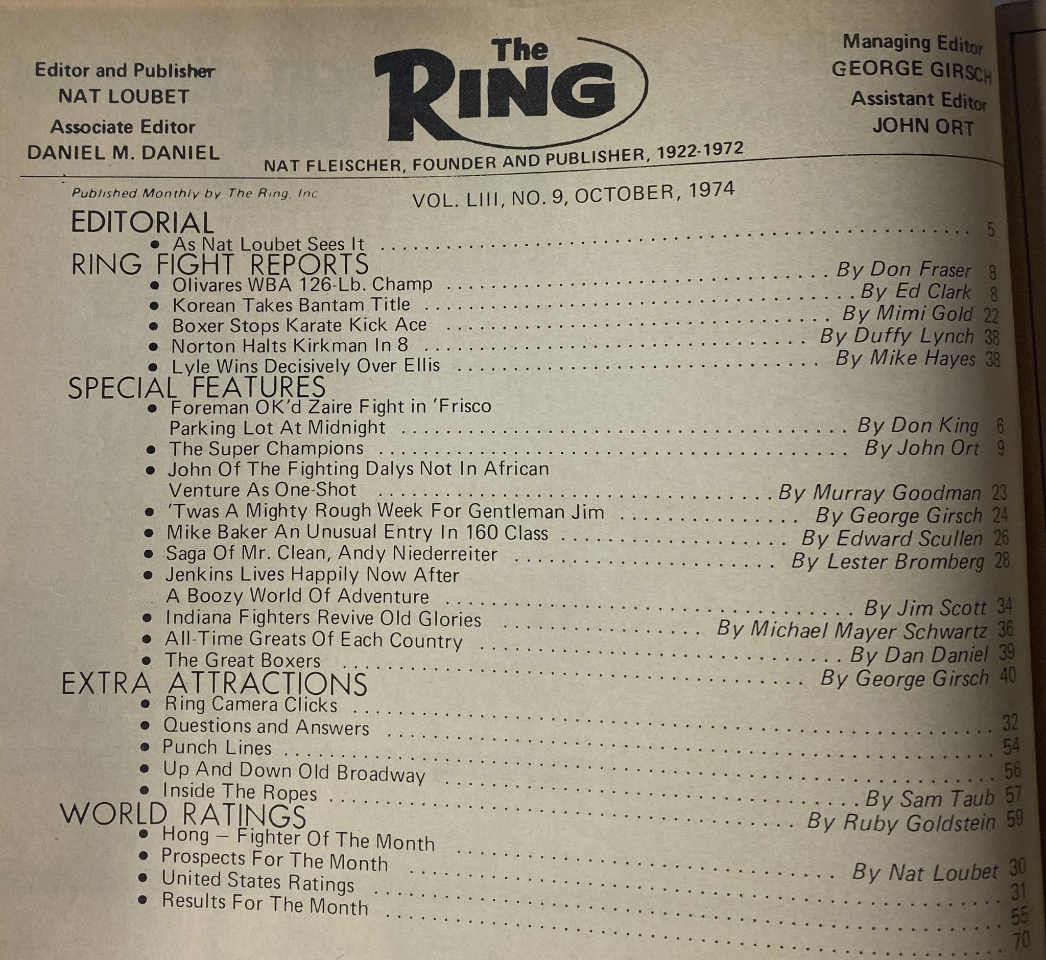 Interior page of The Ring Magazine from October 1974 detailing ring fight reports, special features, and more, with contributions from notable writers.