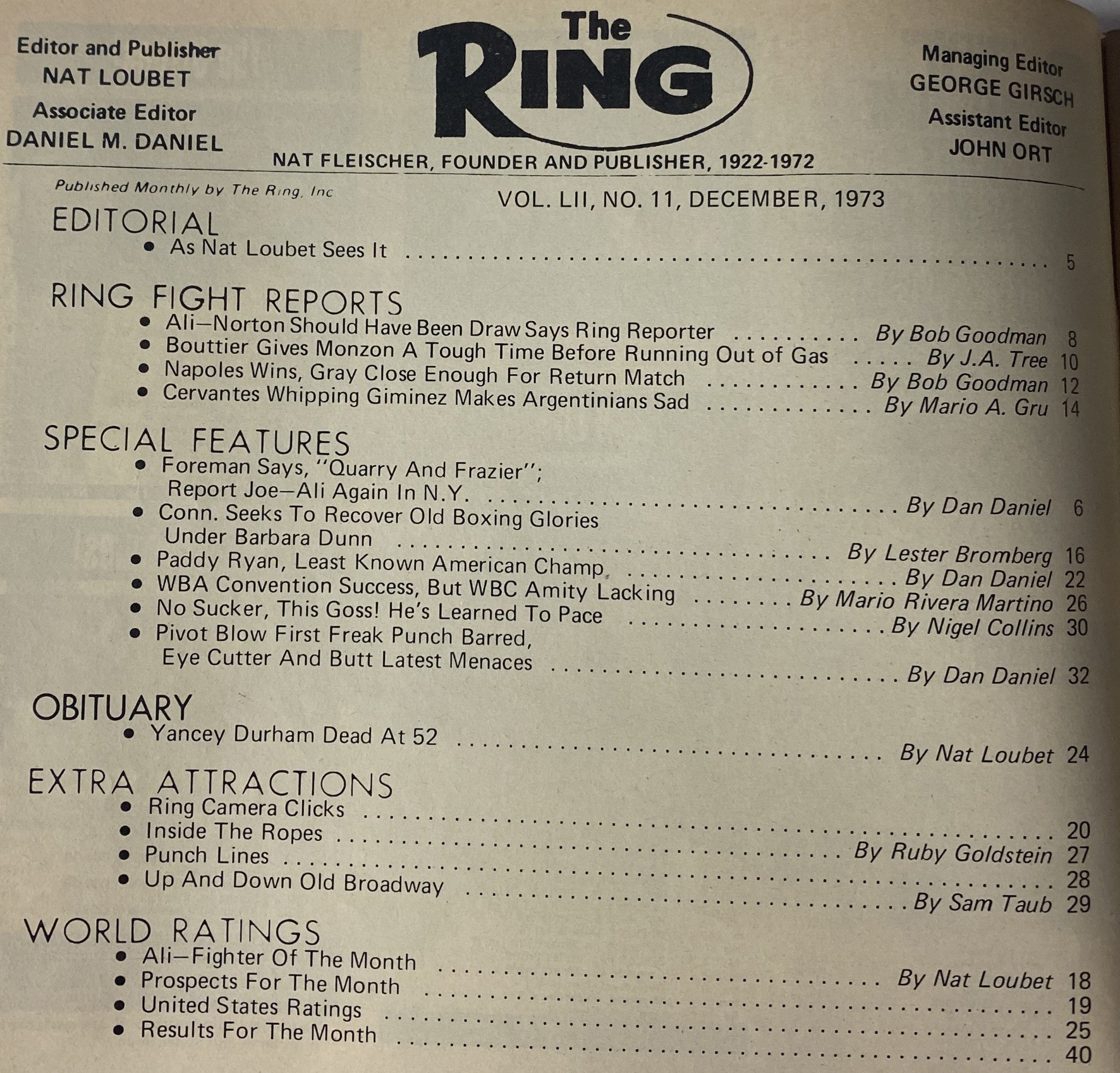 Inside page of The Ring Magazine December 1973, showcasing various segments including Ring Fight Reports, Special Features, Obituary of Yancey Durham, and World Ratings, edited by Nat Loubet.