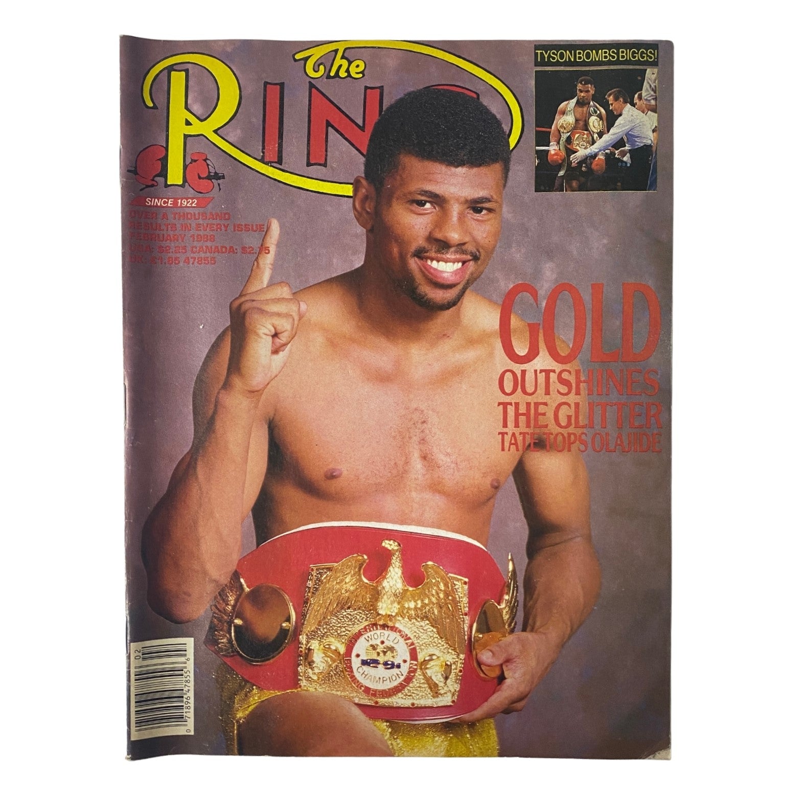 Cover of The Ring Magazine from February 1988 featuring Frank Tate, showcasing him holding a championship belt, with the headline 'Gold Outshines the Glitter'. This vintage boxing magazine highlights major fights and icons from the era, including Mike Tyson.