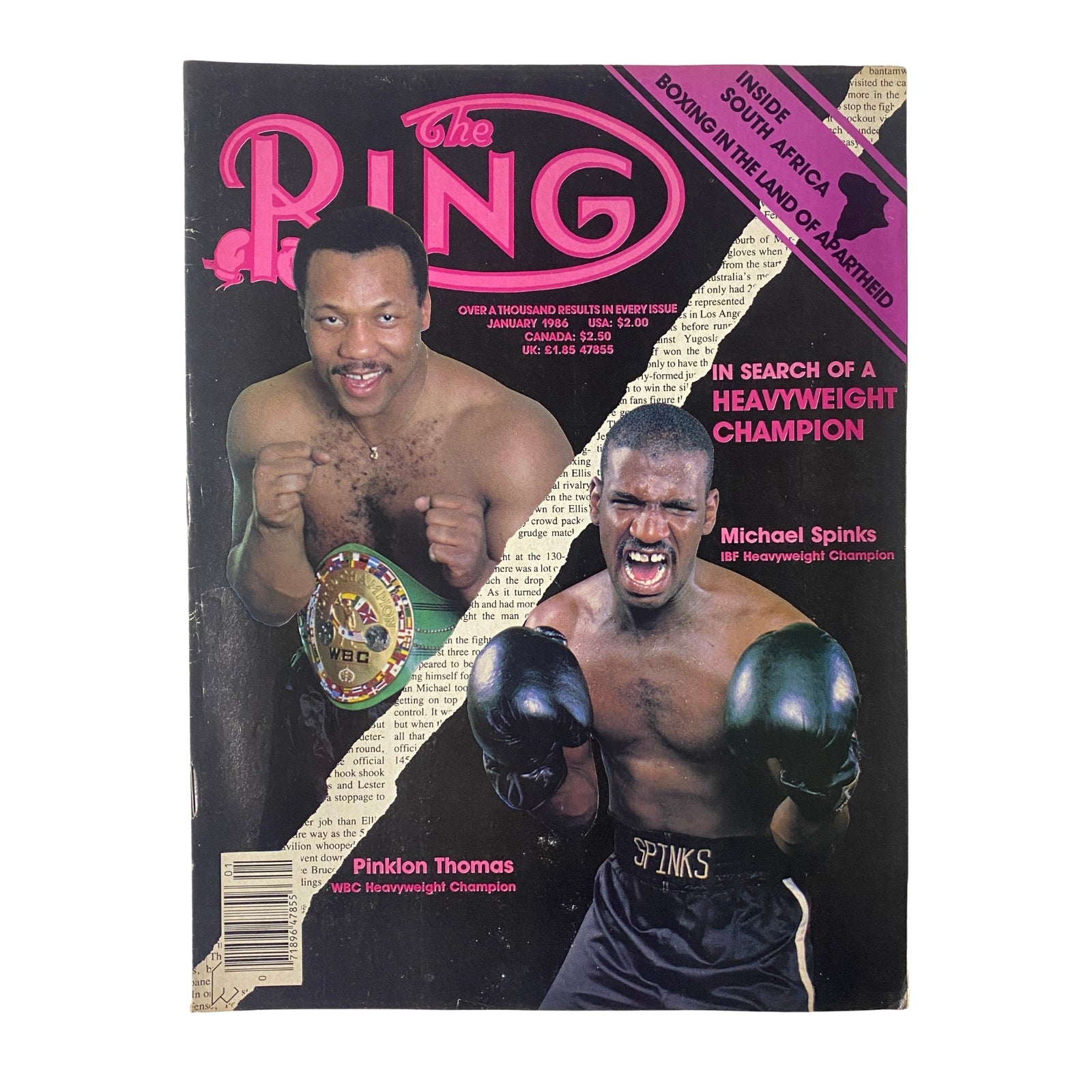The Ring Magazine January 1986 featuring Pinklon Thomas and Michael Spinks on the cover, highlighting their championship status and boxing excellence.