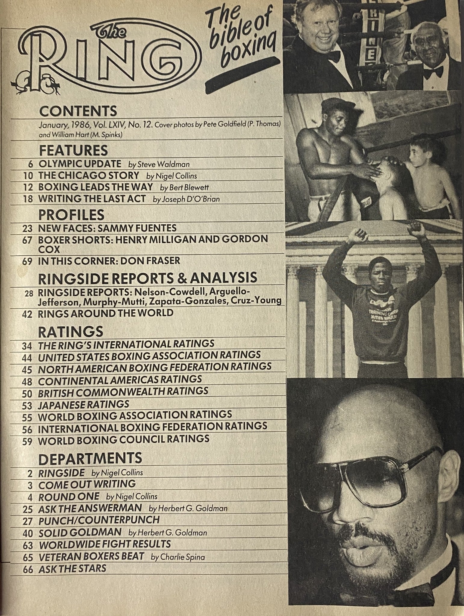 Contents page of The Ring Magazine January 1986, listing features, profiles, and ratings, showcasing in-depth coverage of boxing and notable fighters.