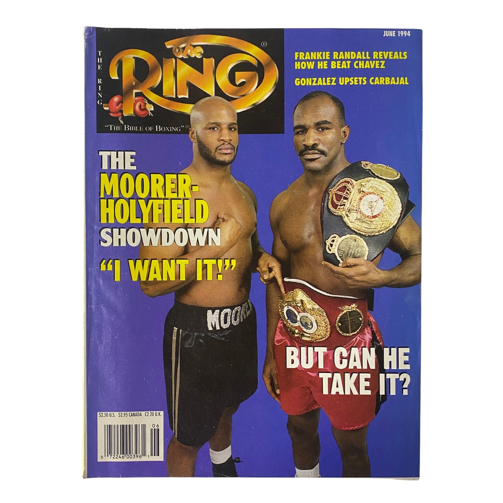 The Ring Magazine cover from June 1994 featuring Evander Holyfield and Michael Moorer with the headline 'The Moorer-Holyfield Showdown.' This issue highlights their anticipated heavyweight matchup.