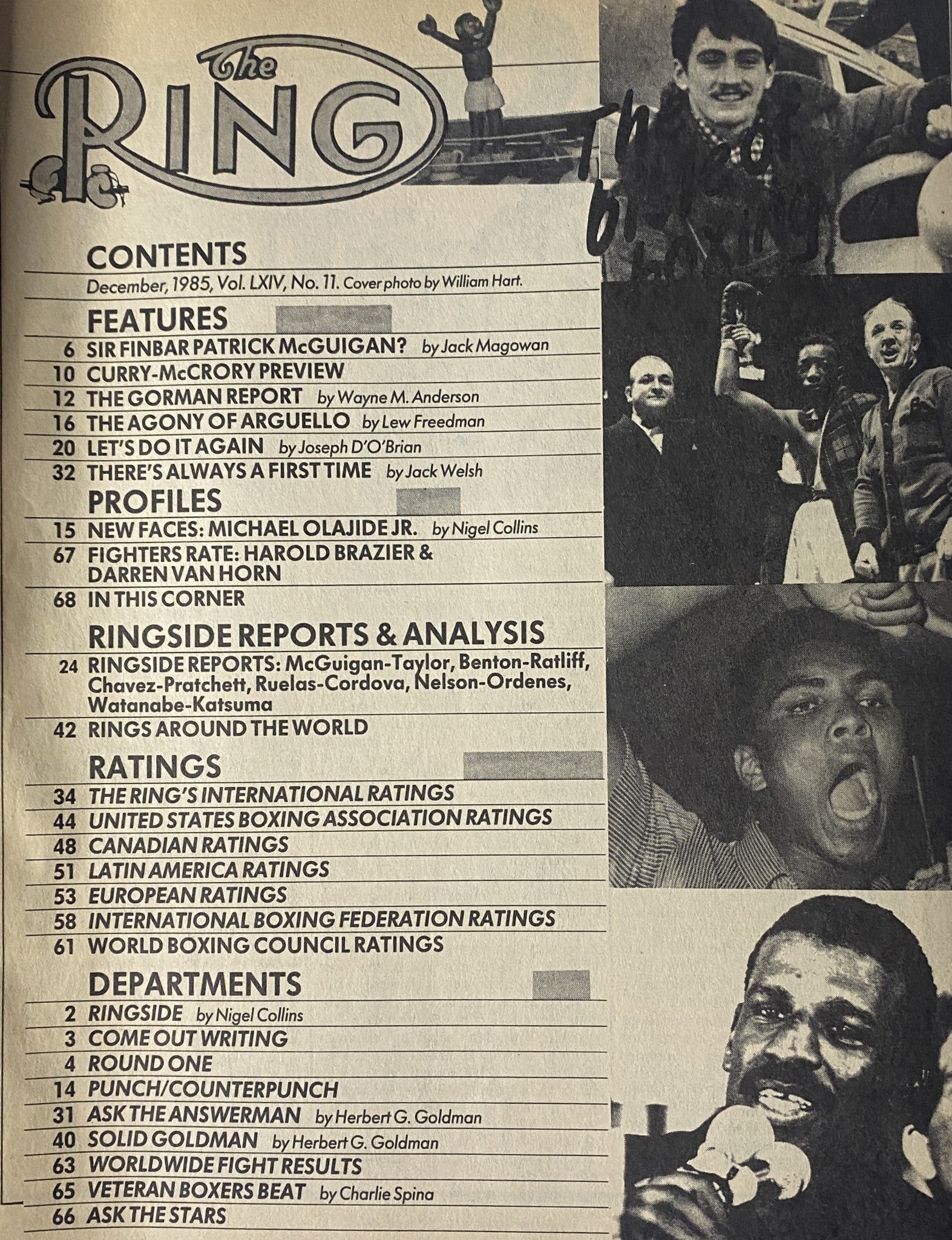 The Ring Magazine December 1985 featuring a detailed table of contents, highlighting boxing articles such as features on Sir Finbar Patrick McGuigan, profiles of Michael Olajide Jr., and coverage of key bouts.