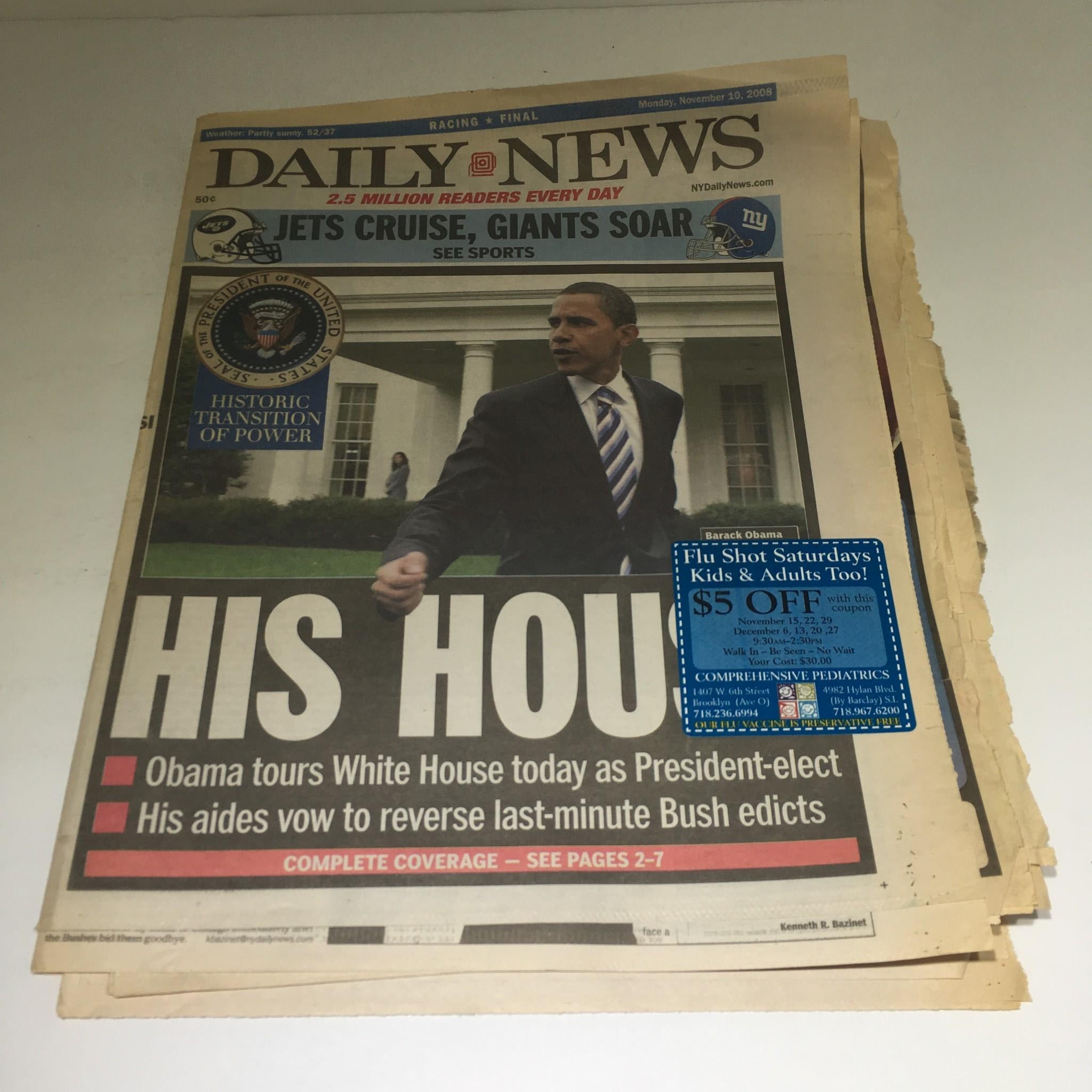 NY Daily News from November 10, 2008, featuring the headline 'His House' about Obama's presidency transition, showcasing the front page with a notable image.