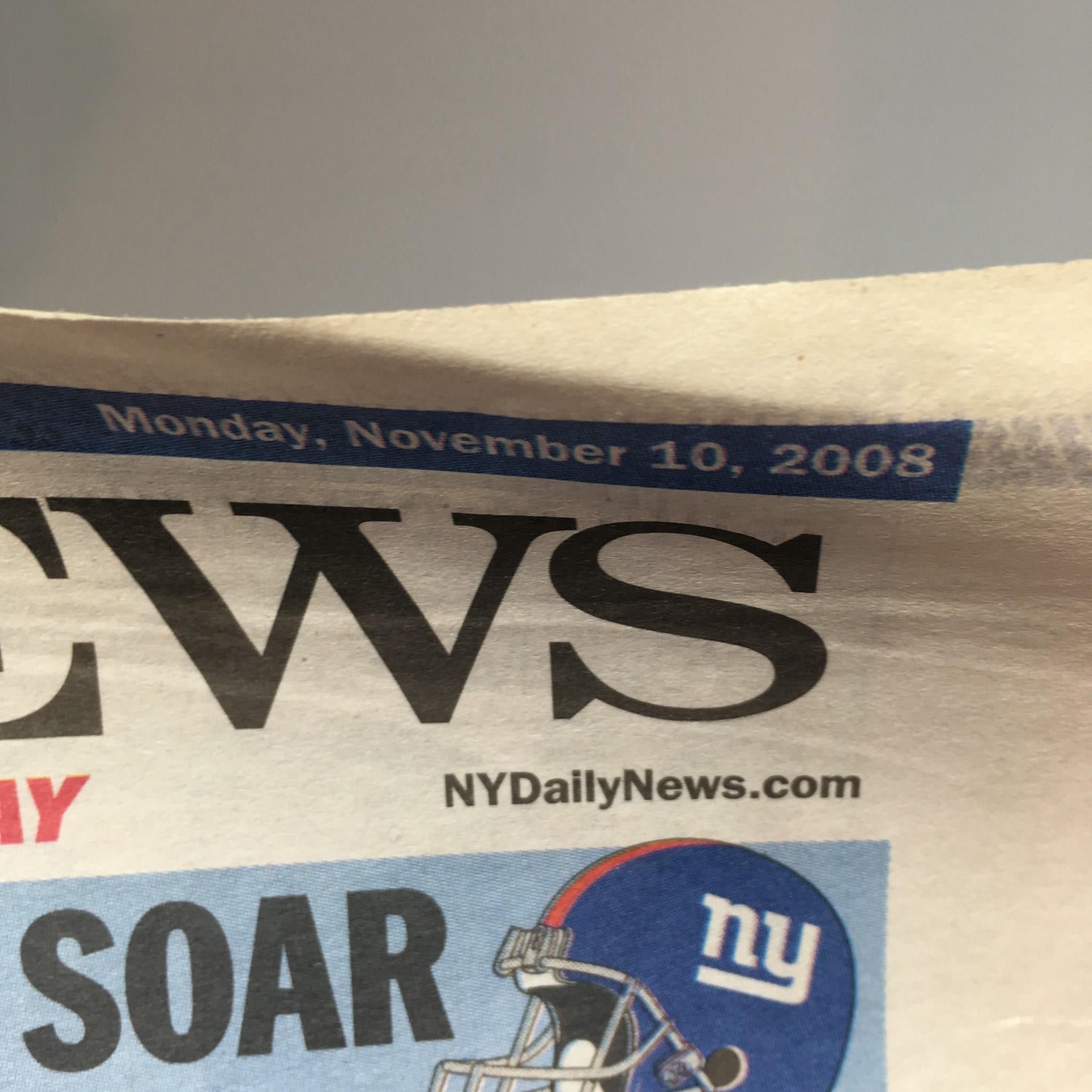 Close-up of NY Daily News header dated November 10, 2008, highlighting the publication's logo and date, relevant for collectors and historical archives.
