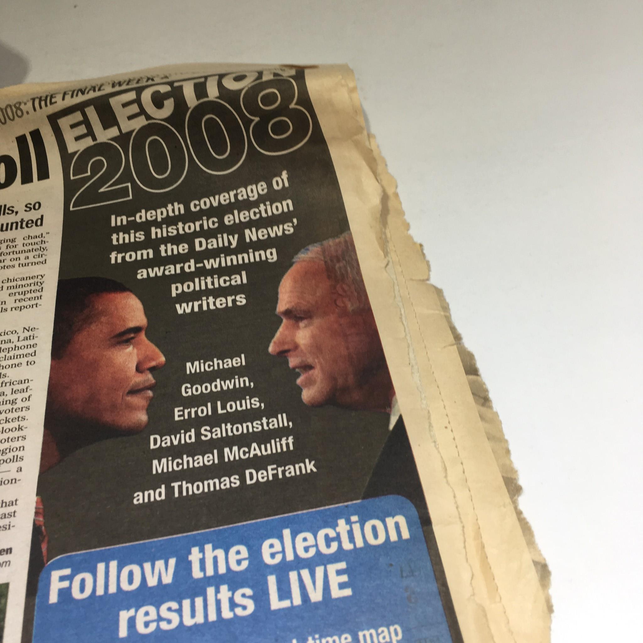 Image of the NY Daily News headline from Nov 10, 2008, covering the historic election with a focus on Barack Obama and John McCain, highlighting political writers and election coverage.