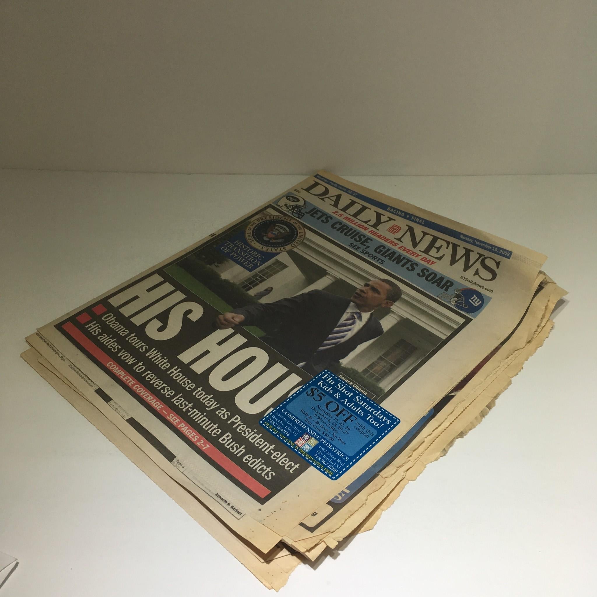 The NY Daily News from Nov 10, 2008, showcasing the historic headline 'His House' about Barack Obama being elected president, indicating the impact of the election.