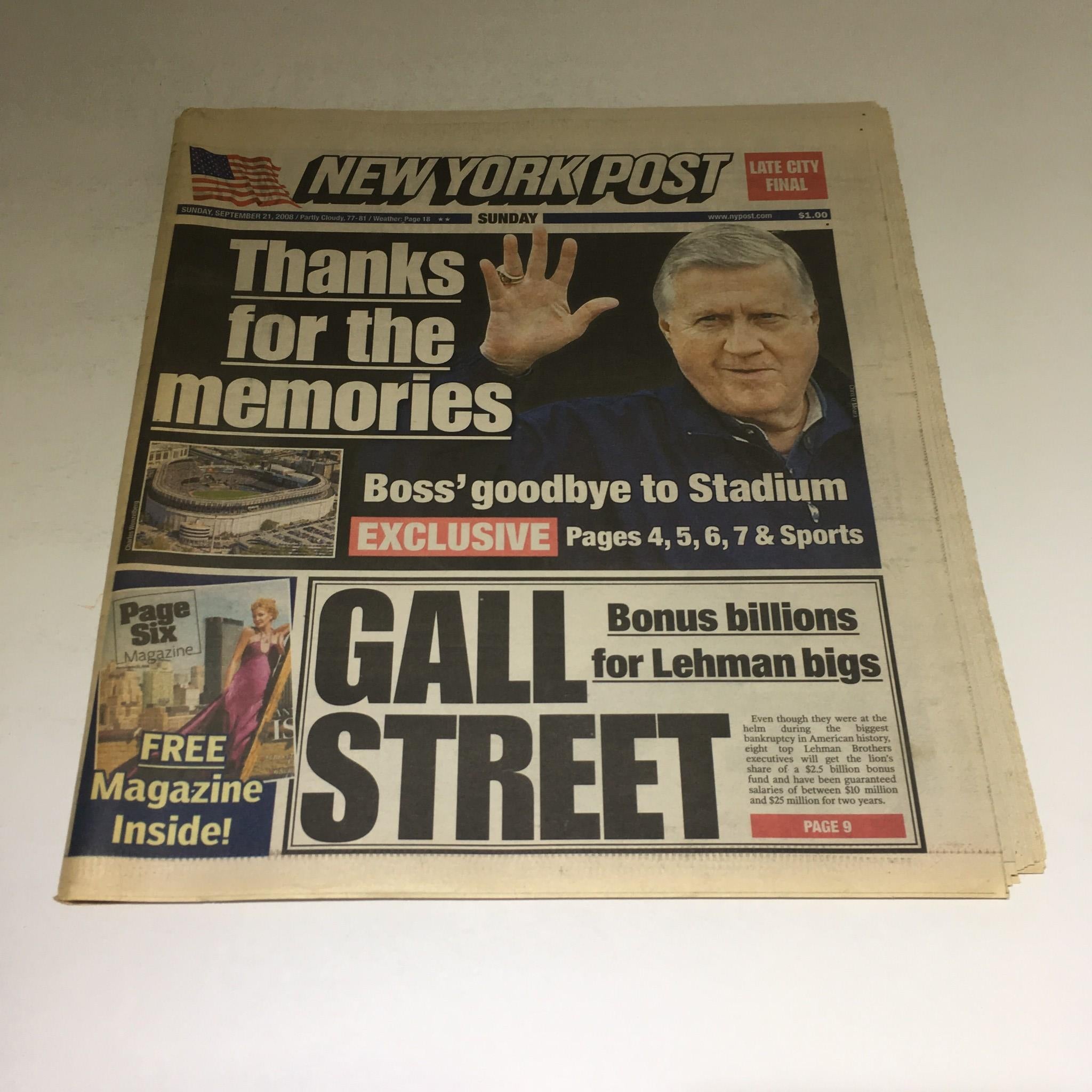 New York Post:9/21/08 Thanks for the Memories Boss Goodbye 2 Stadium