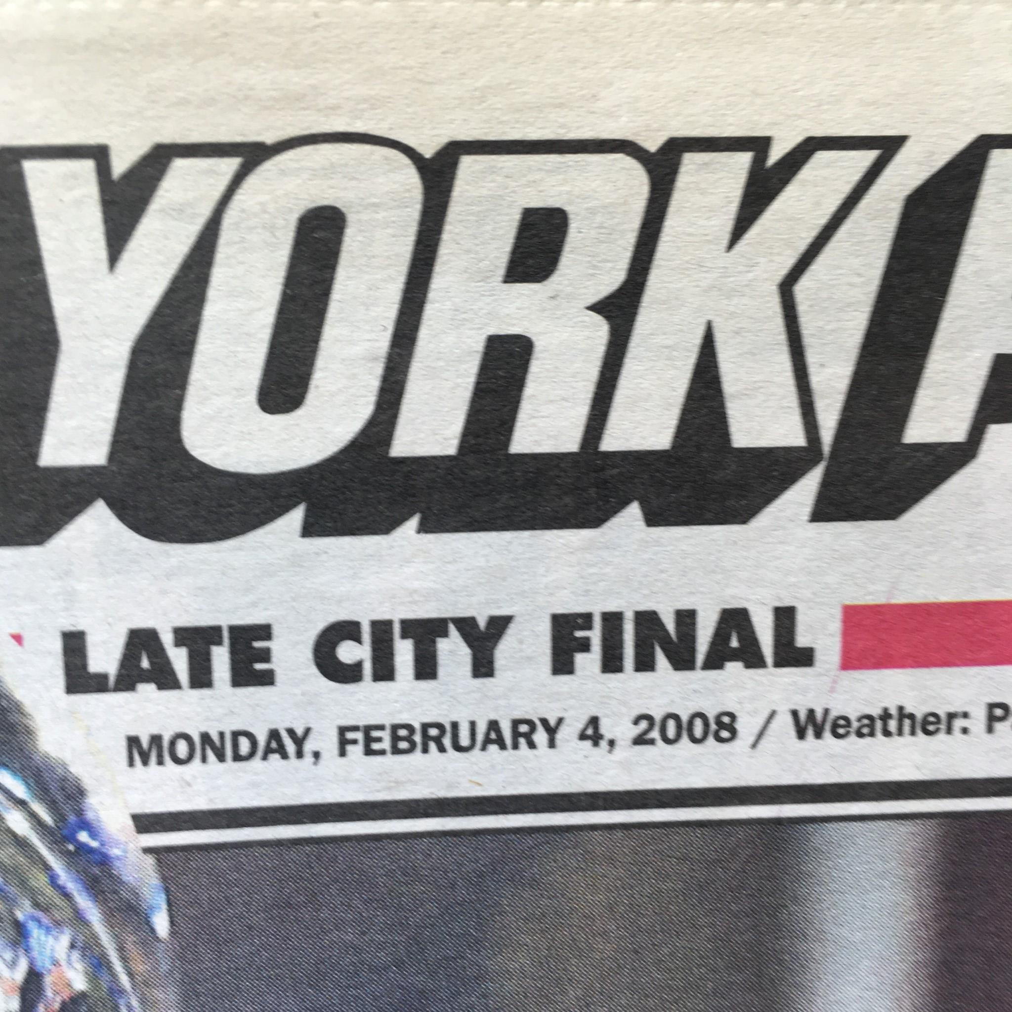 Close-up of the New York Post logo and date from February 4, 2008. The text highlights the headline 'Late City Final' and includes weather details, emphasizing the newspaper's timely release.