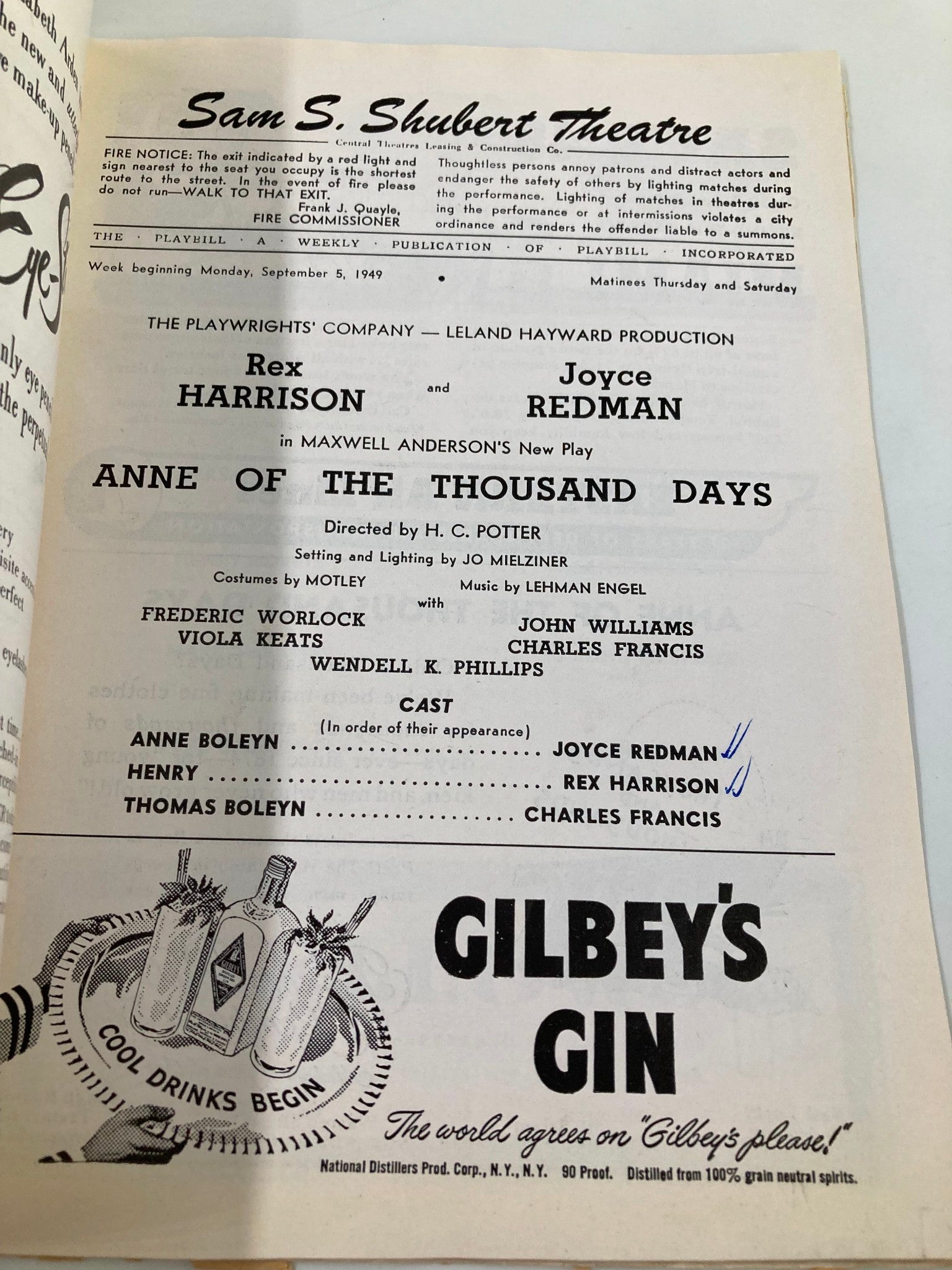 1949 Playbill Sam S. Shubert Theatre Red Harrison in Anne of The Thousand Days