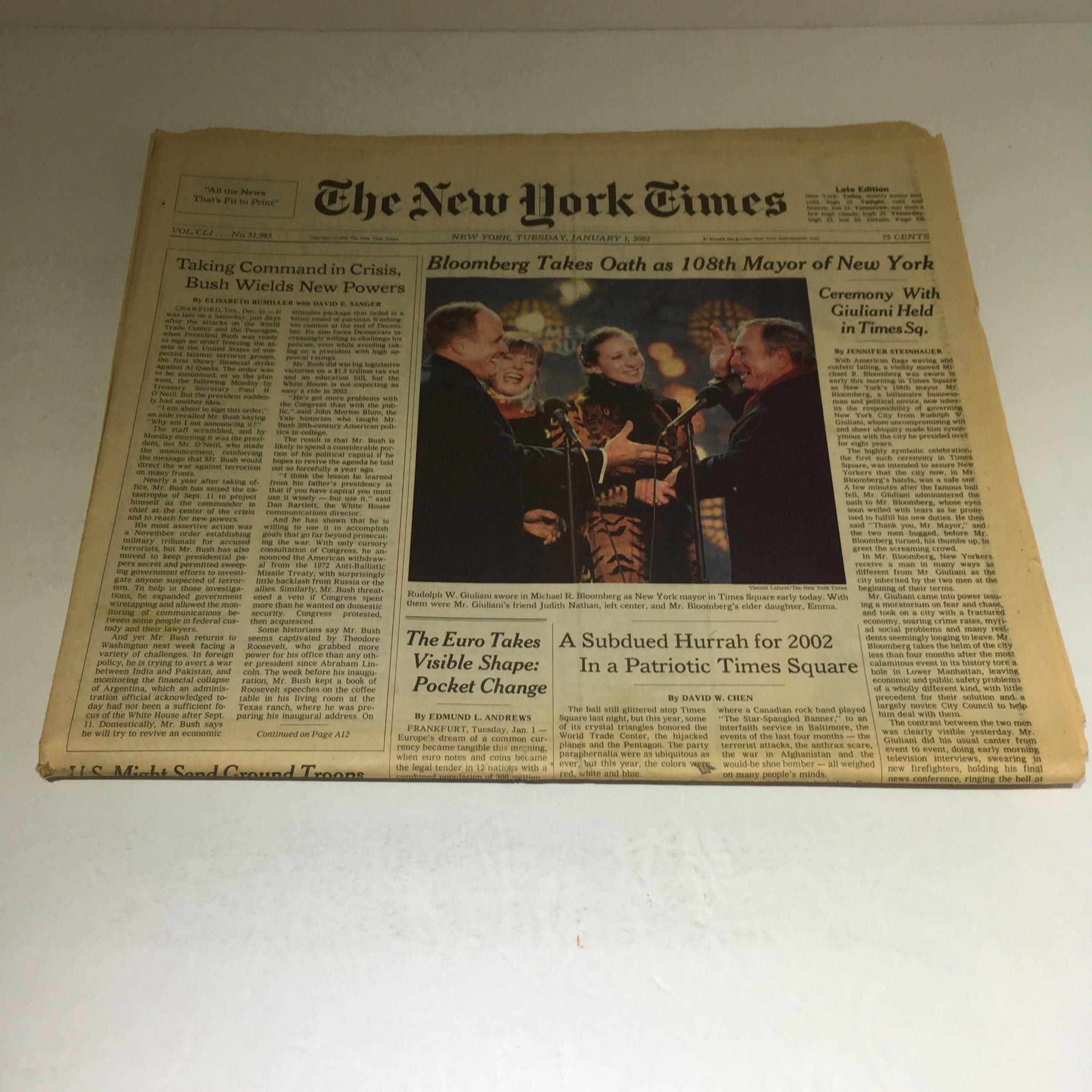 The New York Times: 1/1/02 Bloomberg Takes Oath as 108th Mayor of NY featuring ceremony highlights on the front page.