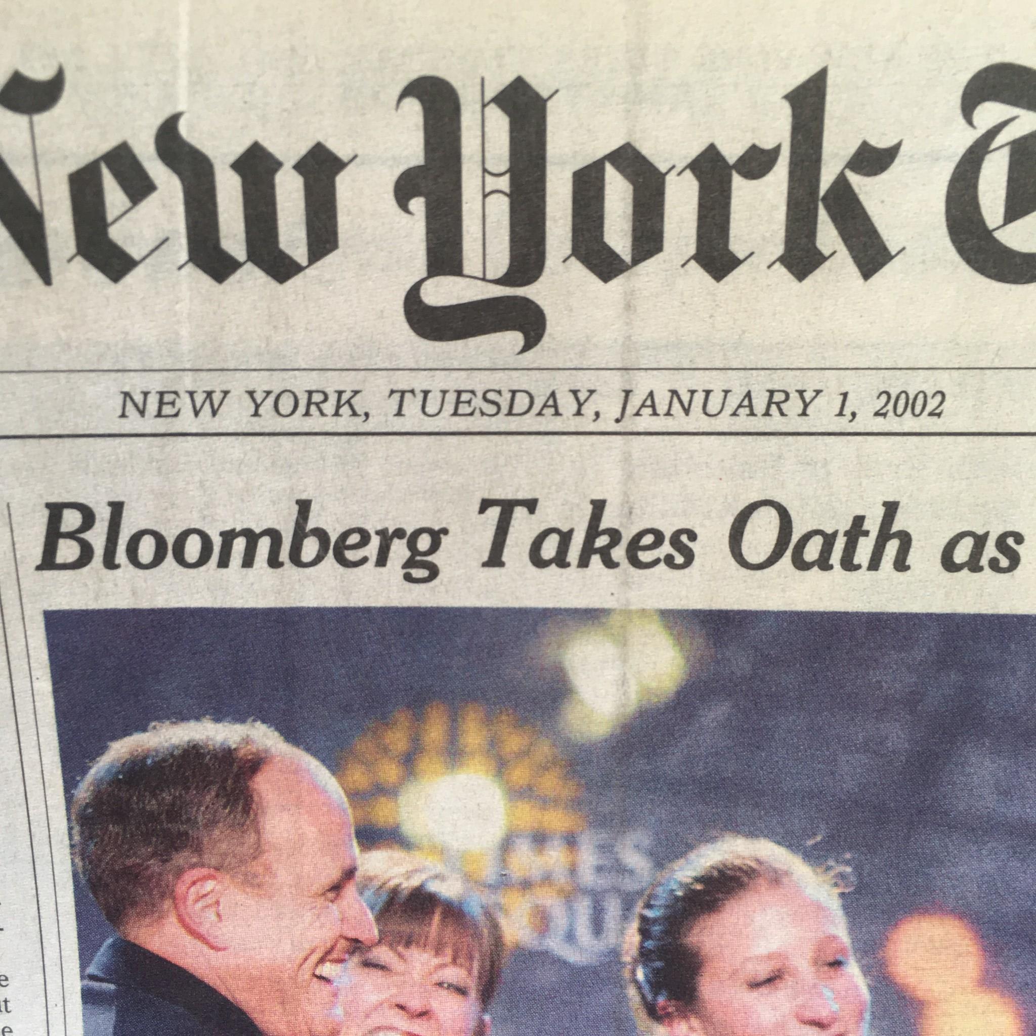 Close-up of The New York Times headline on January 1, 2002: Bloomberg Takes Oath as 108th Mayor of New York.