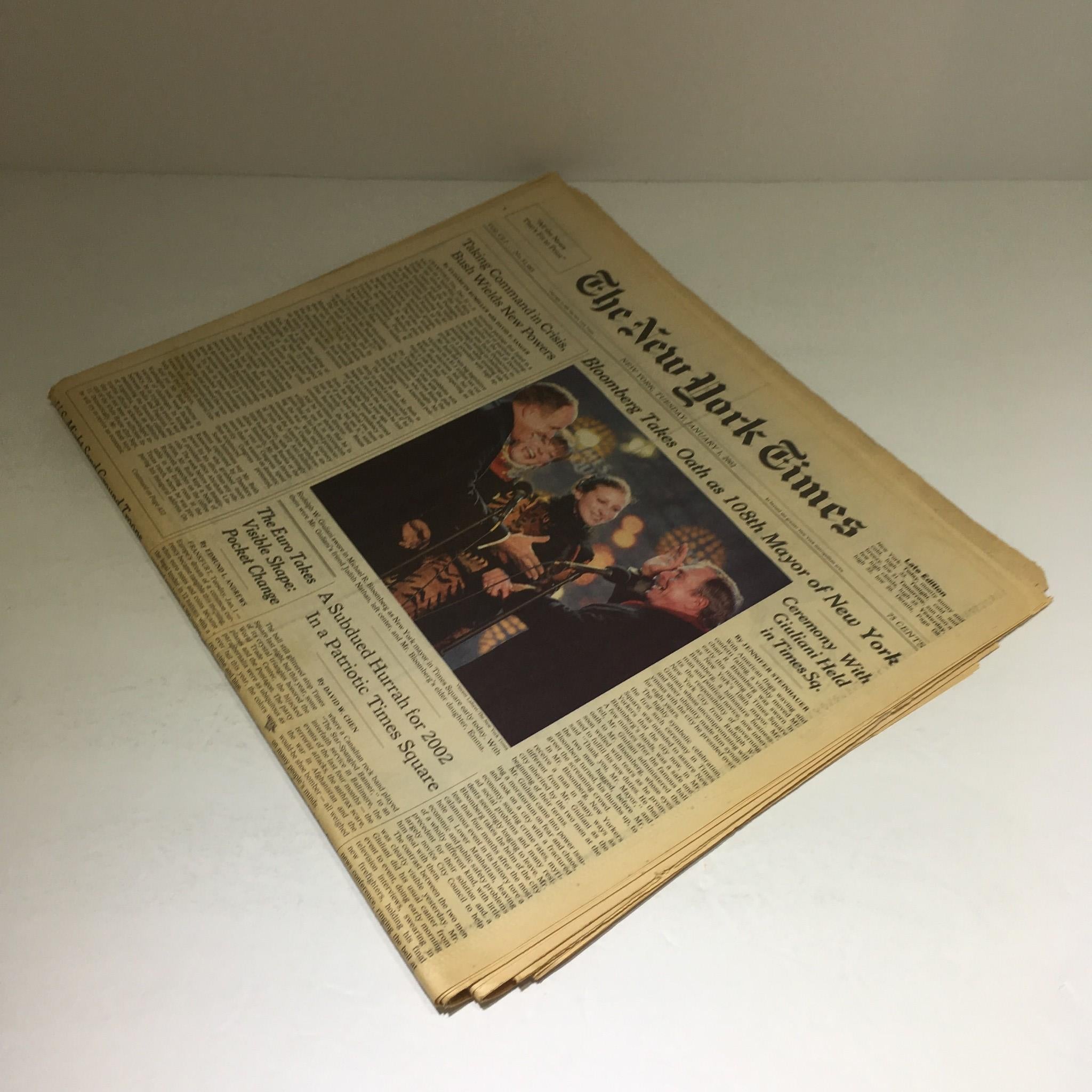 Detailed view of The New York Times: 1/1/02 Bloomberg Takes Oath as 108th Mayor of NY with important event coverage.