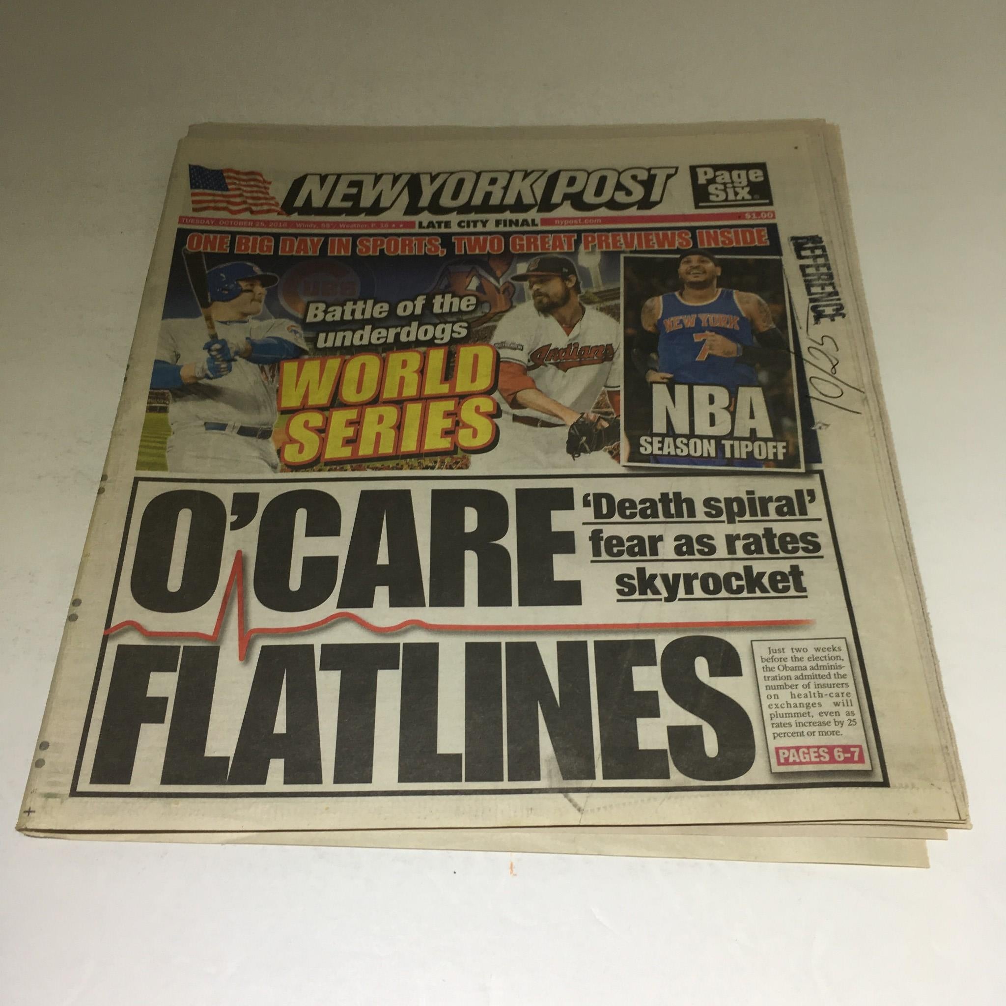 NY Post: 10/25/16 O'Care Flatlines, Death Spiral Fear As rates Skyrocket