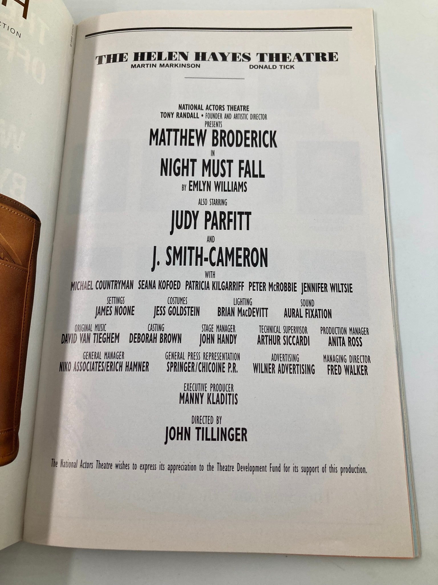 1999 Playbill The Helen Hayes Theatre Night Must Fall Matthew Broderick