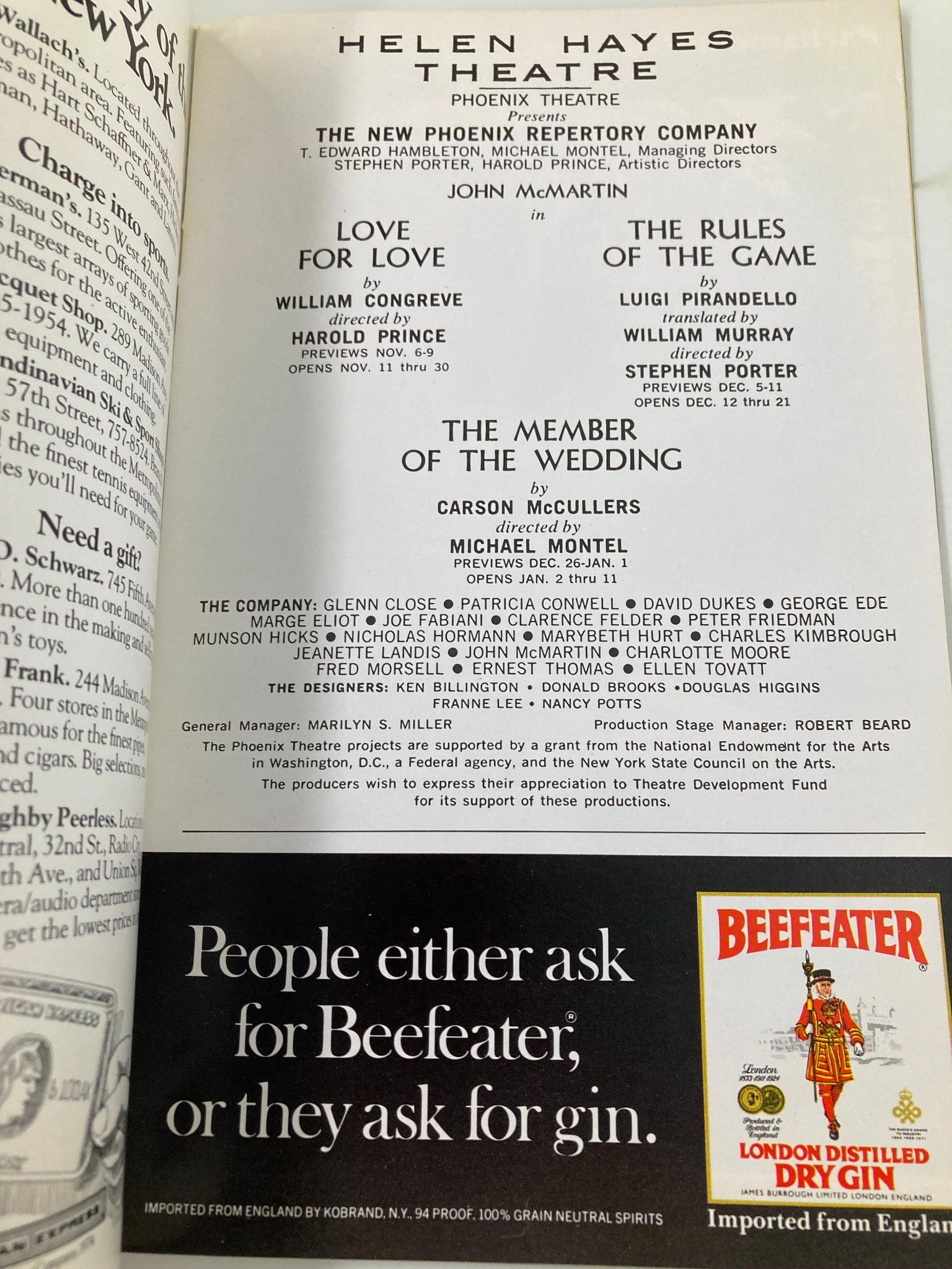 1974 Playbill Helen Hayes Theatre Love For Love and The Rules of the Game