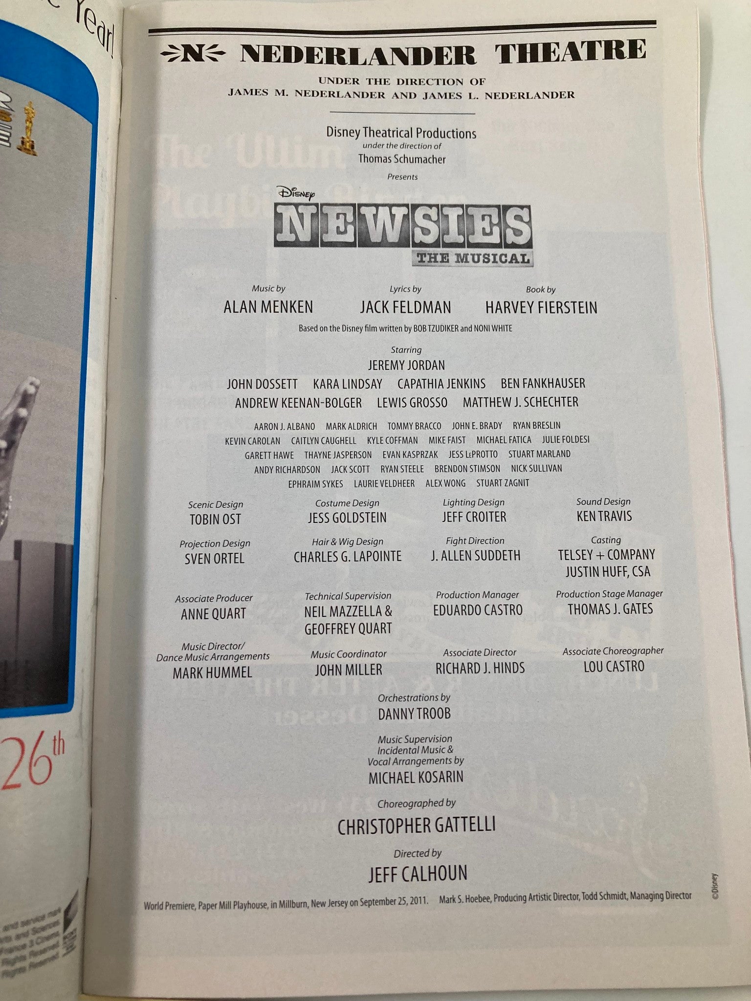 2012 Playbill Nederlander Theatre Newsies The Musical Jeremy Jordan Kara Lindsay