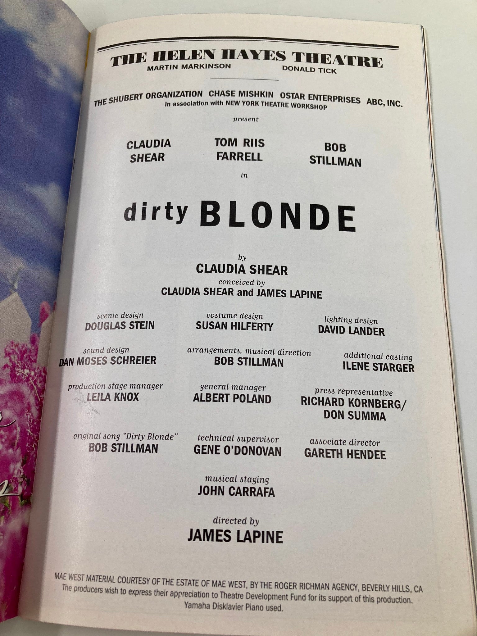 2000 Playbill Helen Hayes Theatre Dirty Blonde Claudia Shear, Tom Riis Farrell