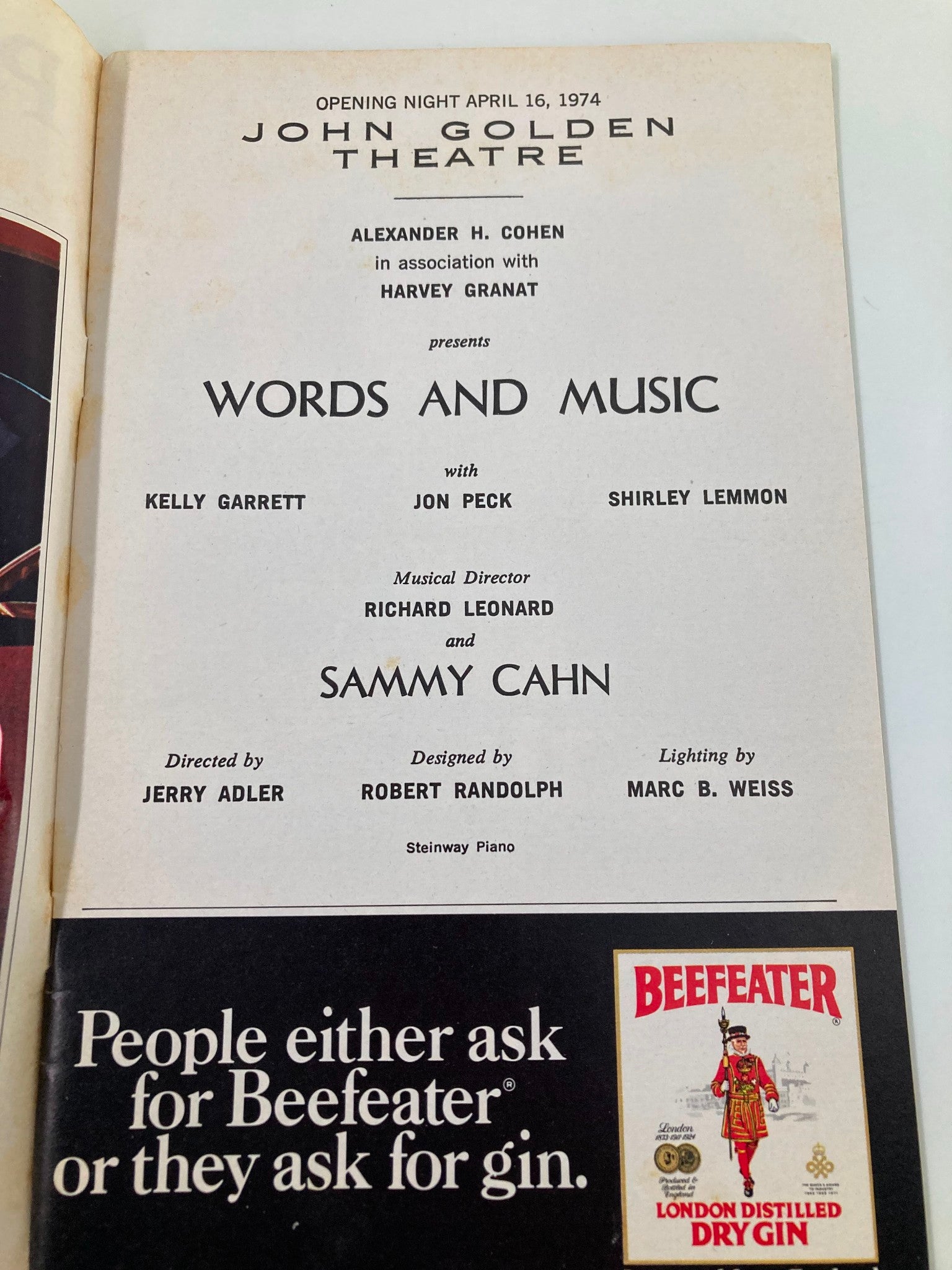 1974 Playbill John Golden Theatre Kelly Garrett, Jon Peck in Words and Music