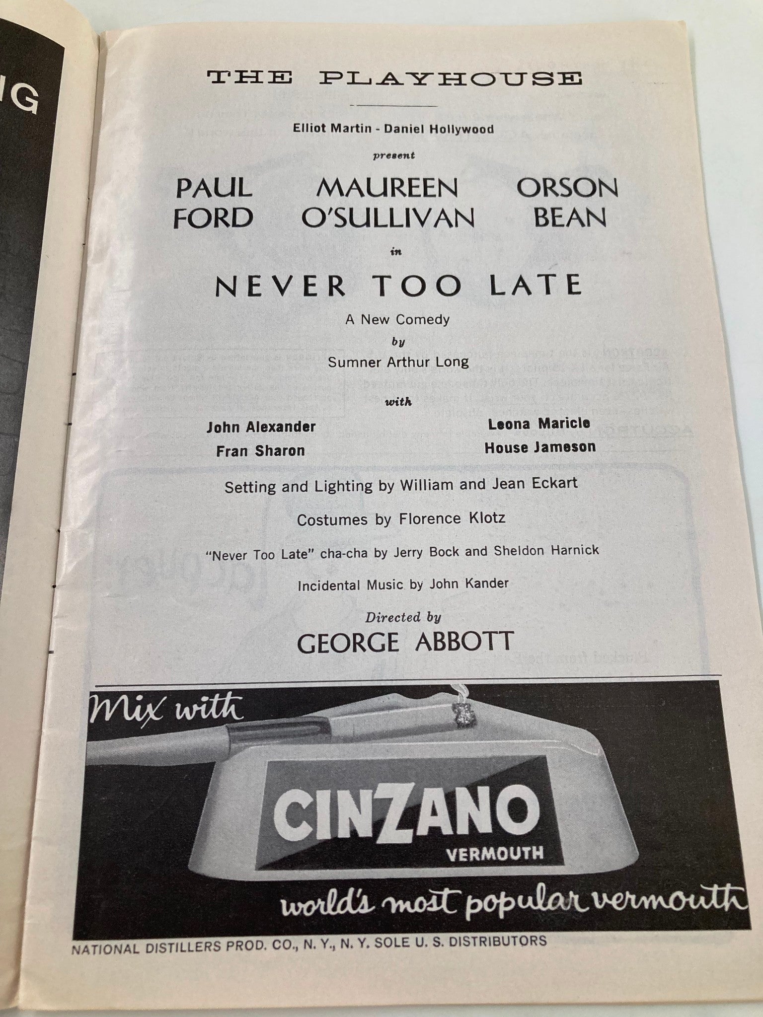 1963 Playbill The Playhouse Paul Ford, Maureen O'Sullivan in Never Too Late