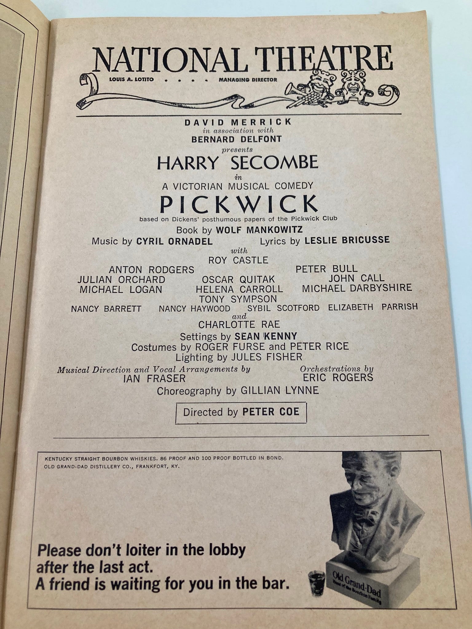 1965 Playbill National Theatre Harry Secombe in A Victorian Musical Pickwick