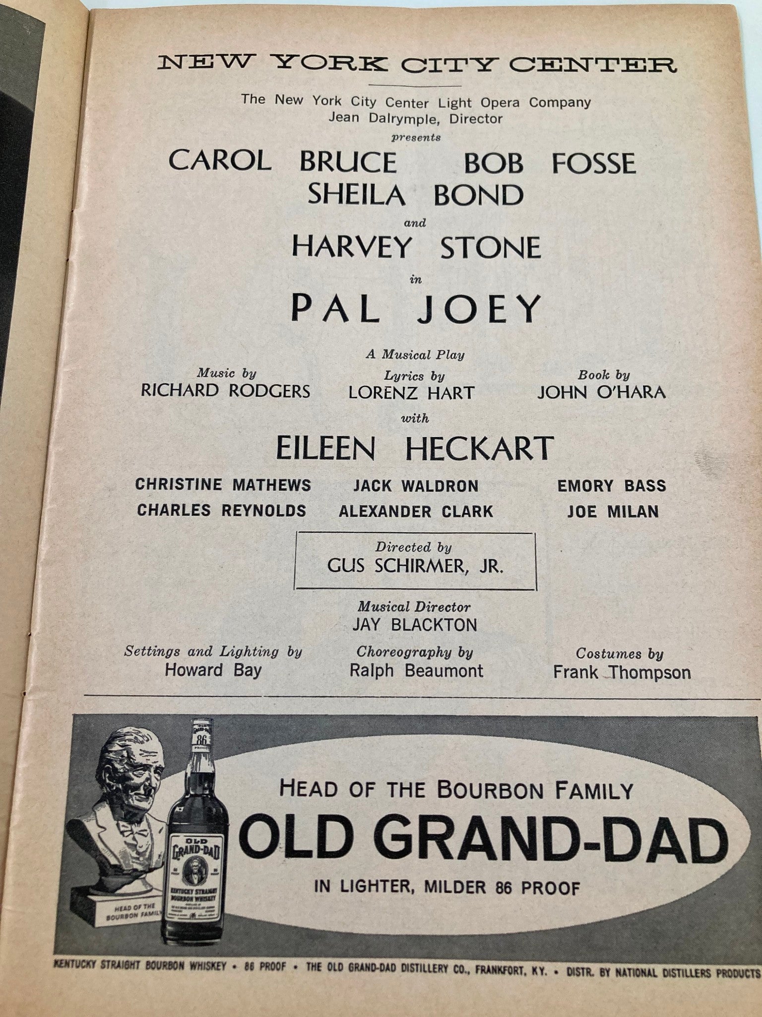 1961 Playbill New York City Center Sheila Bond, Harvey Stone in Pal Joey