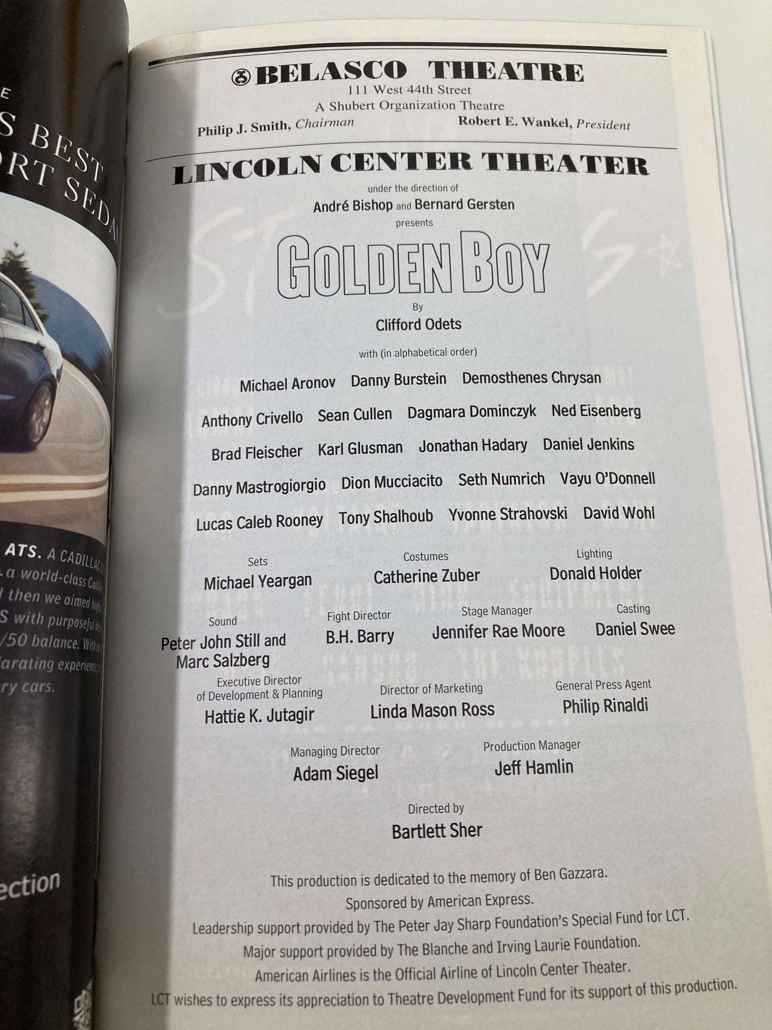 Detailed cast list page from the 2012 Playbill for Golden Boy, highlighting the production team and actors.