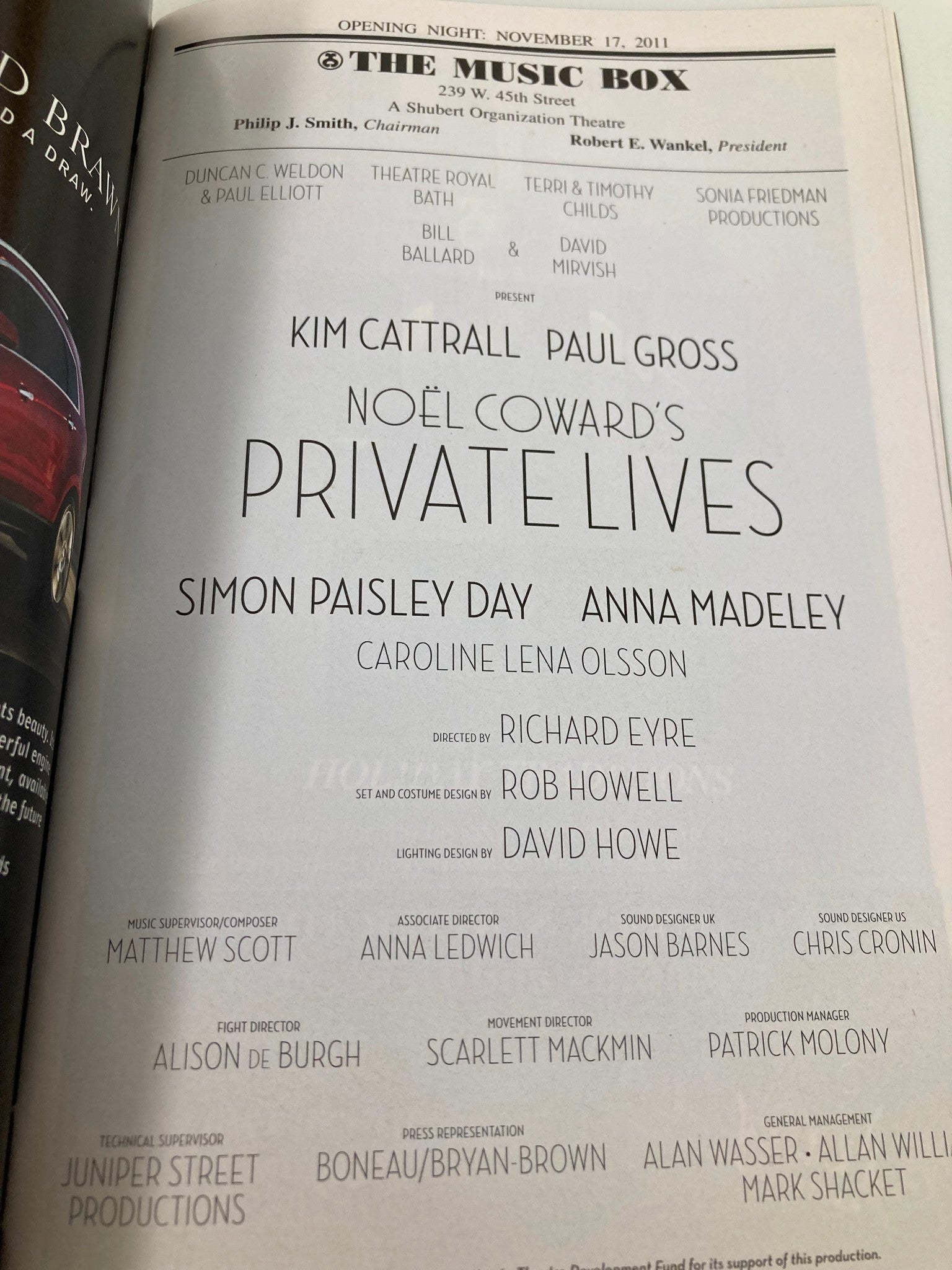 2011 Playbill The Music Box Kim Cattrall, Paul Gross in Private Lives VG