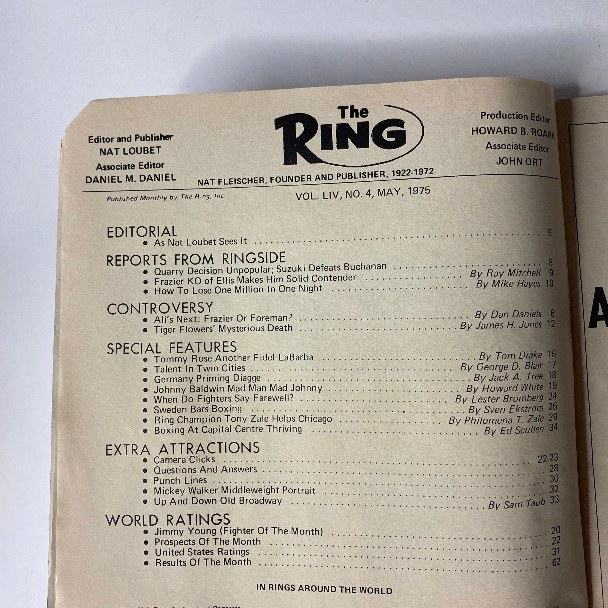 Interior page of The Ring Magazine May 1975, displaying the editorial section and reports from ringside, highlighting important combat sports topics and notable boxers of the time.