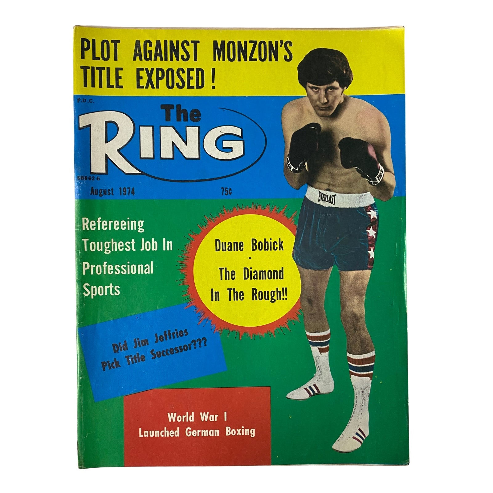 The Ring Magazine August 1974 featuring Duane Bobick on the cover, highlighting his boxing career and showcasing vibrant retro design elements.