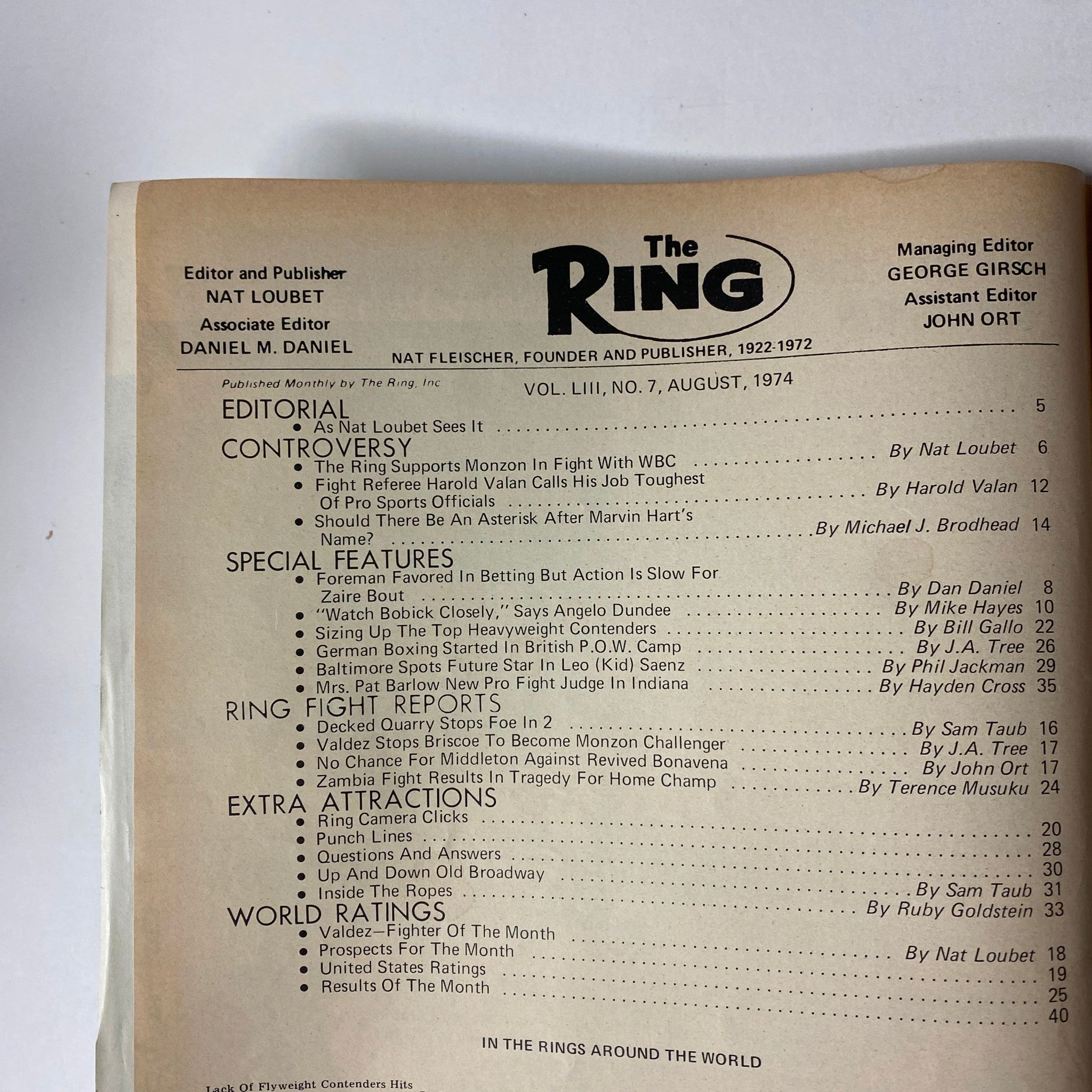 Interior page of The Ring Magazine August 1974 detailing editorial sections and a table of contents, featuring notable boxing commentary and articles.
