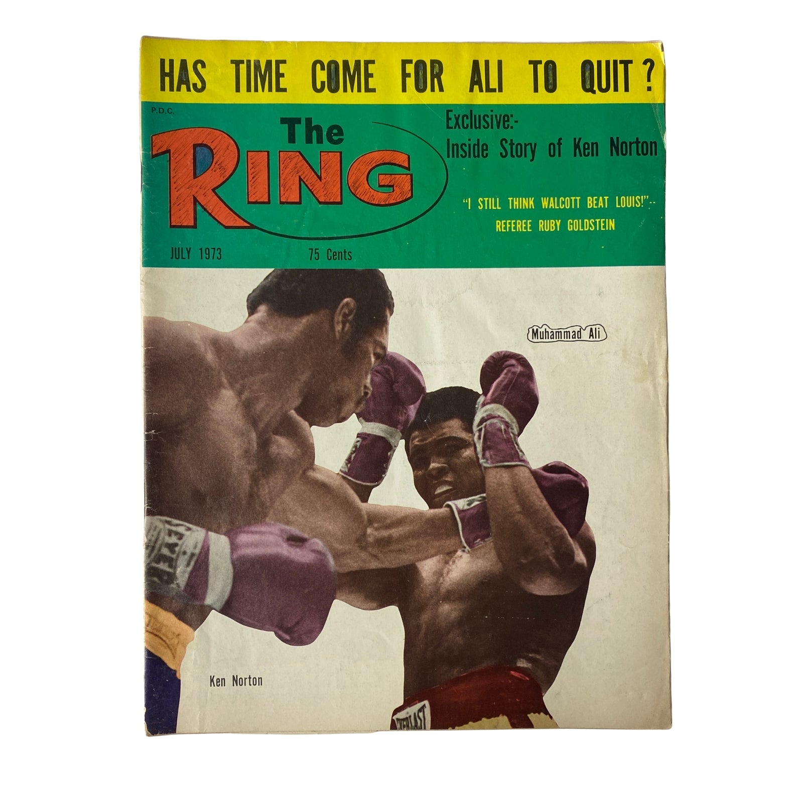The Ring Magazine July 1973 cover featuring Muhammad Ali and Ken Norton in a boxing match, with the headline 'Has Time Come for Ali to Quit?' and an exclusive story on Ken Norton.