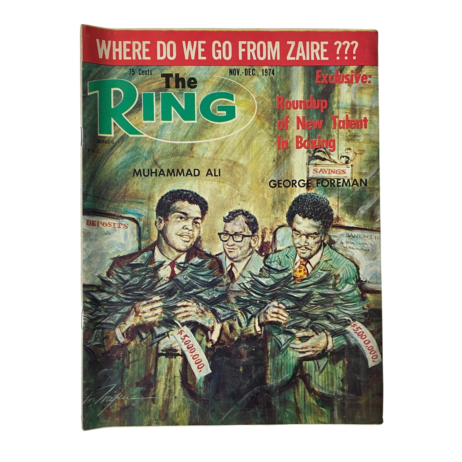 The Ring Magazine cover from November 1974 featuring Muhammad Ali and George Foreman, with an artistic illustration and the headline discussing boxing talent.