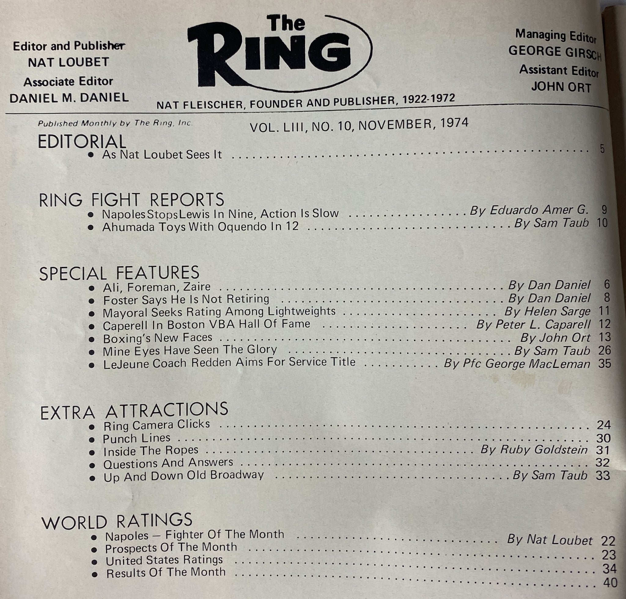 The interior page of The Ring Magazine November 1974, detailing editorial content and special features, including fight reports and world ratings in boxing.