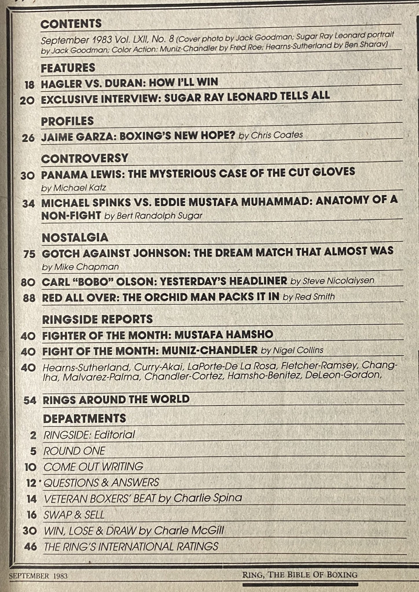 Inside contents of The Ring Magazine September 1983, listing articles and features including Sugar Ray Leonard's exclusive interview, highlights of Hagler vs. Duran, and profiles of notable boxers.