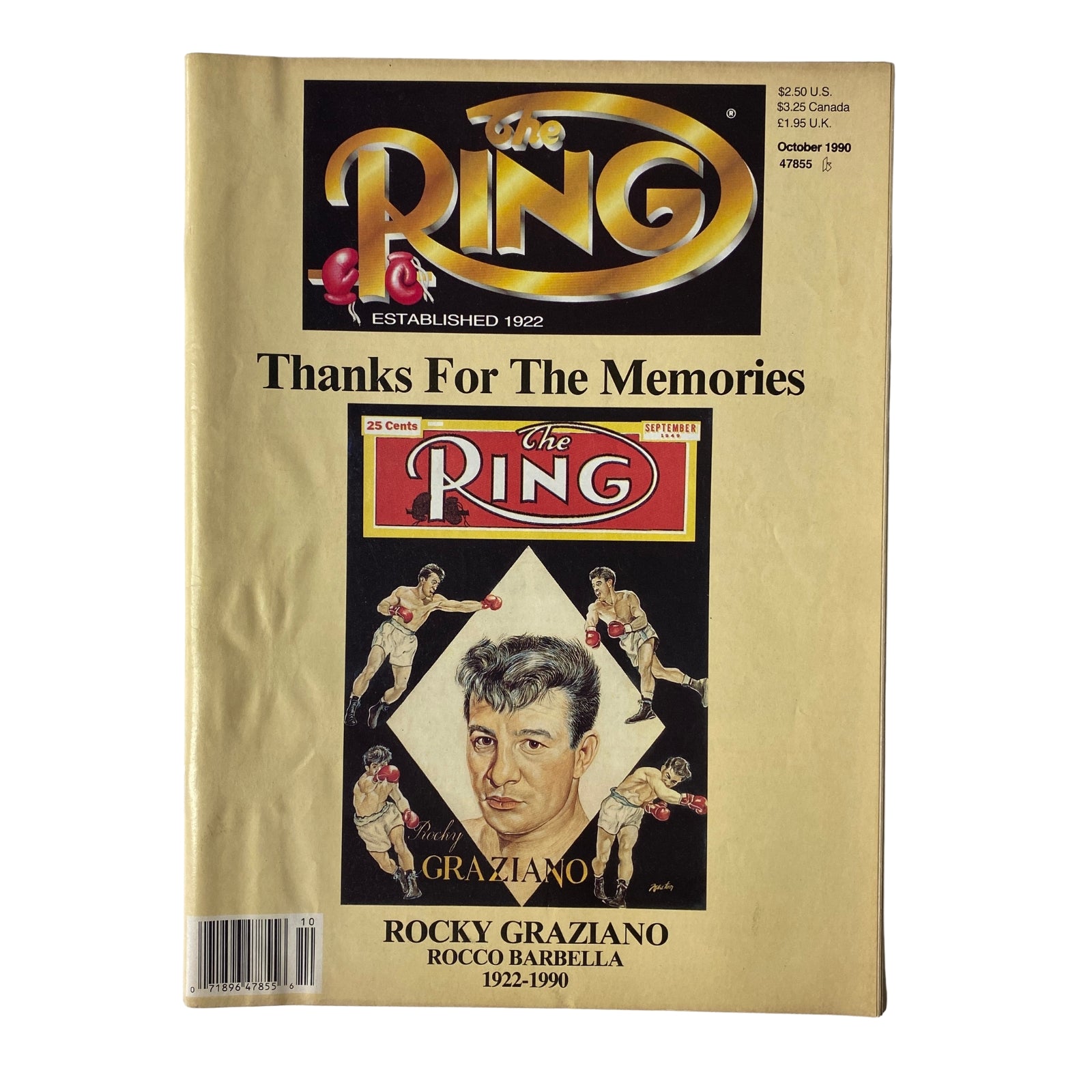 The Ring Magazine October 1990 issue featuring a tribute to Rocky Graziano, showcasing the cover art with the title 'Thanks For The Memories'.