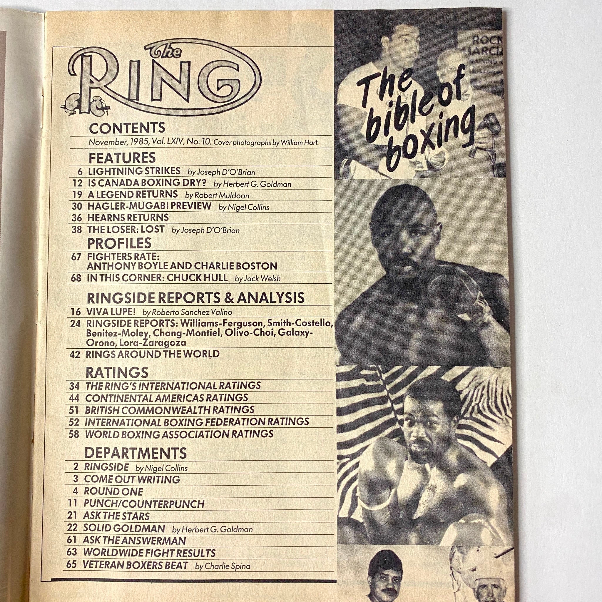 Inside page of The Ring Magazine, November 1985, displaying the contents list. This page outlines features like 'Lightning Strikes' and profiles of fighters, emphasizing the magazine's focus on boxing analysis and historical reports.