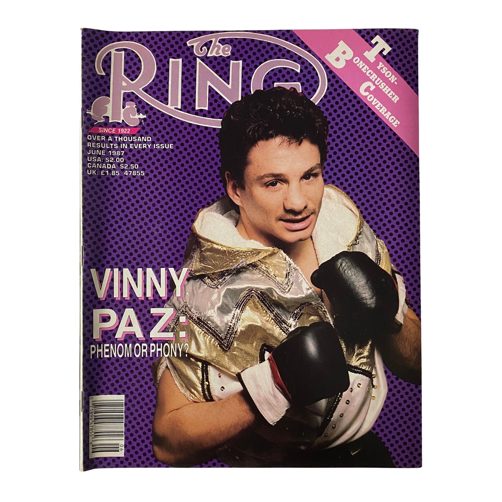 The Ring Magazine June 1987 featuring Vinny Paz on the cover with the headline 'Phenom or Phony?', showcasing the boxing scene of the 1980s.