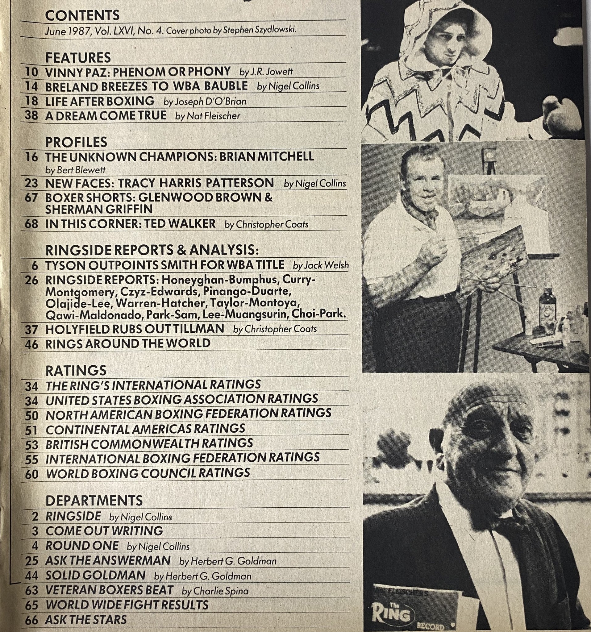 Cover image for The Ring Magazine June 1987 featuring Vinny Paz, showcasing contents including articles such as 'Vinny Paz: Phenom or Phony' and highlights from the boxing scene of the late 80s.
