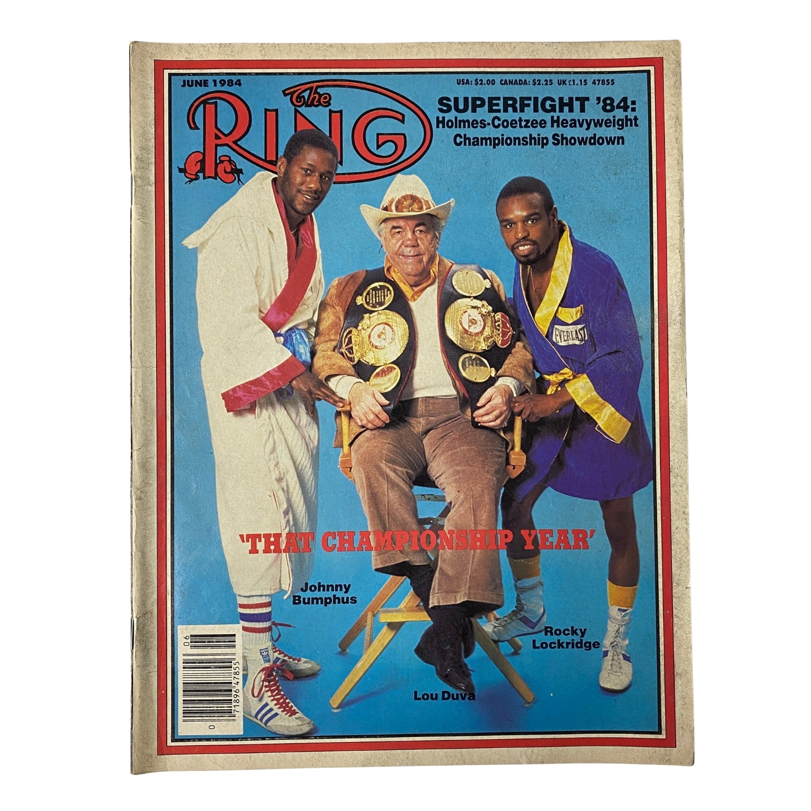 The Ring Magazine June 1984 cover featuring Johnny Bumphus, Lou Duva, and Rocky Lockridge, highlighting the Superfight '84 between Holmes and Coetzee.