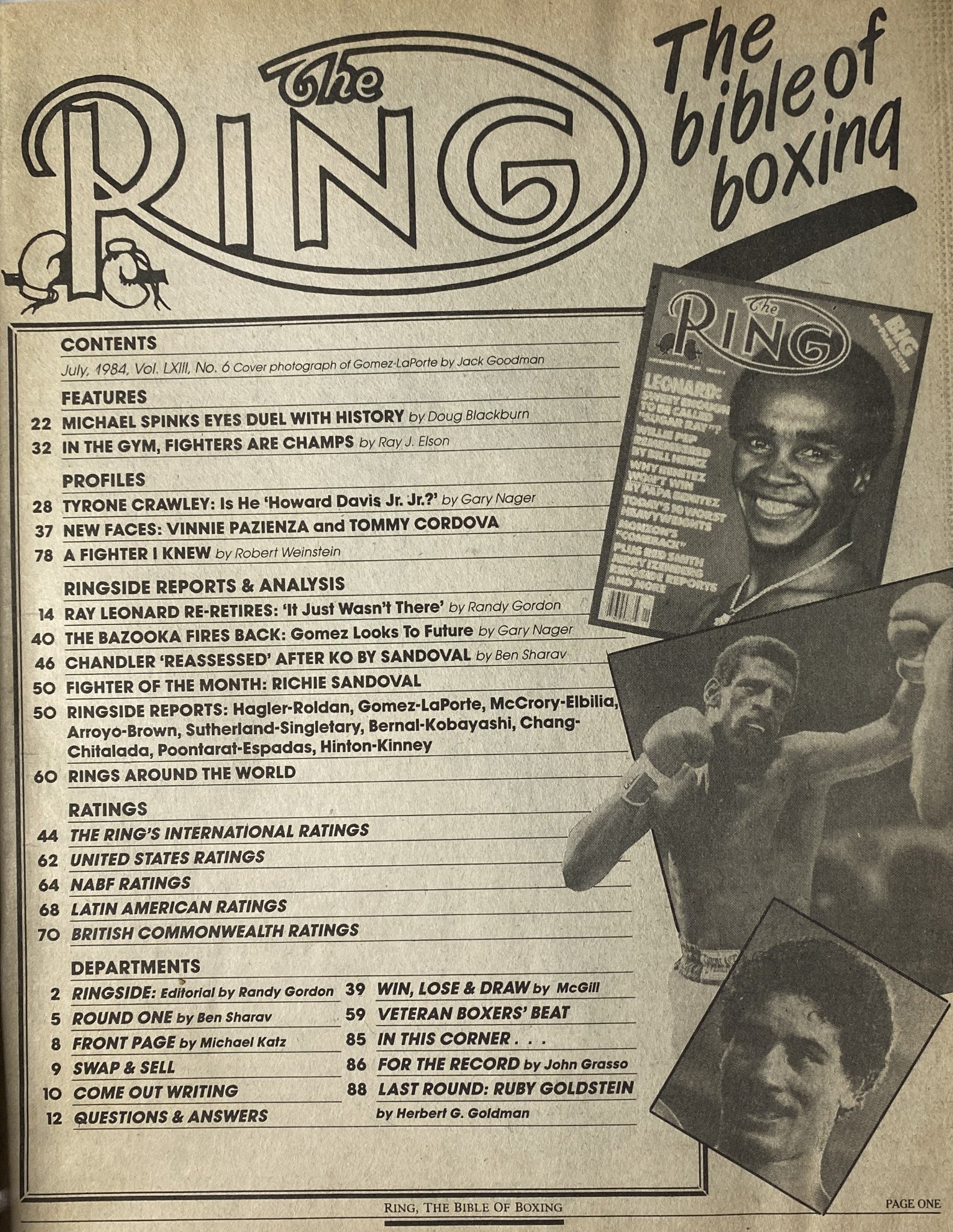 Contents page of The Ring Magazine July 1984, listing features and articles including Michael Spinks and the boxing highlights of the era.