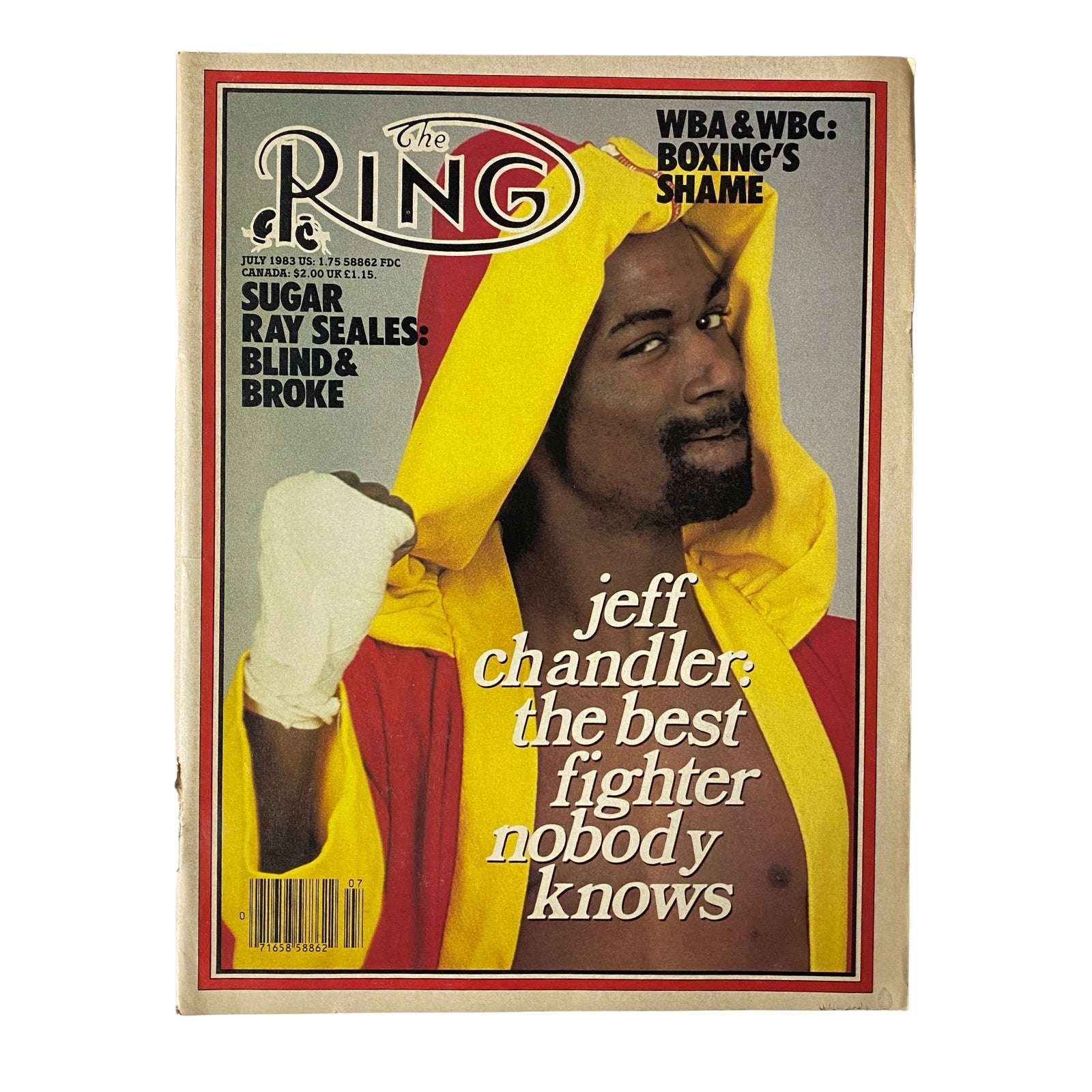 The Ring Magazine July 1983 issue featuring Jeff Chandler on the cover, showcasing him in a red boxing robe with a serious expression, labeled 'the best fighter nobody knows,' highlighting boxing themes.