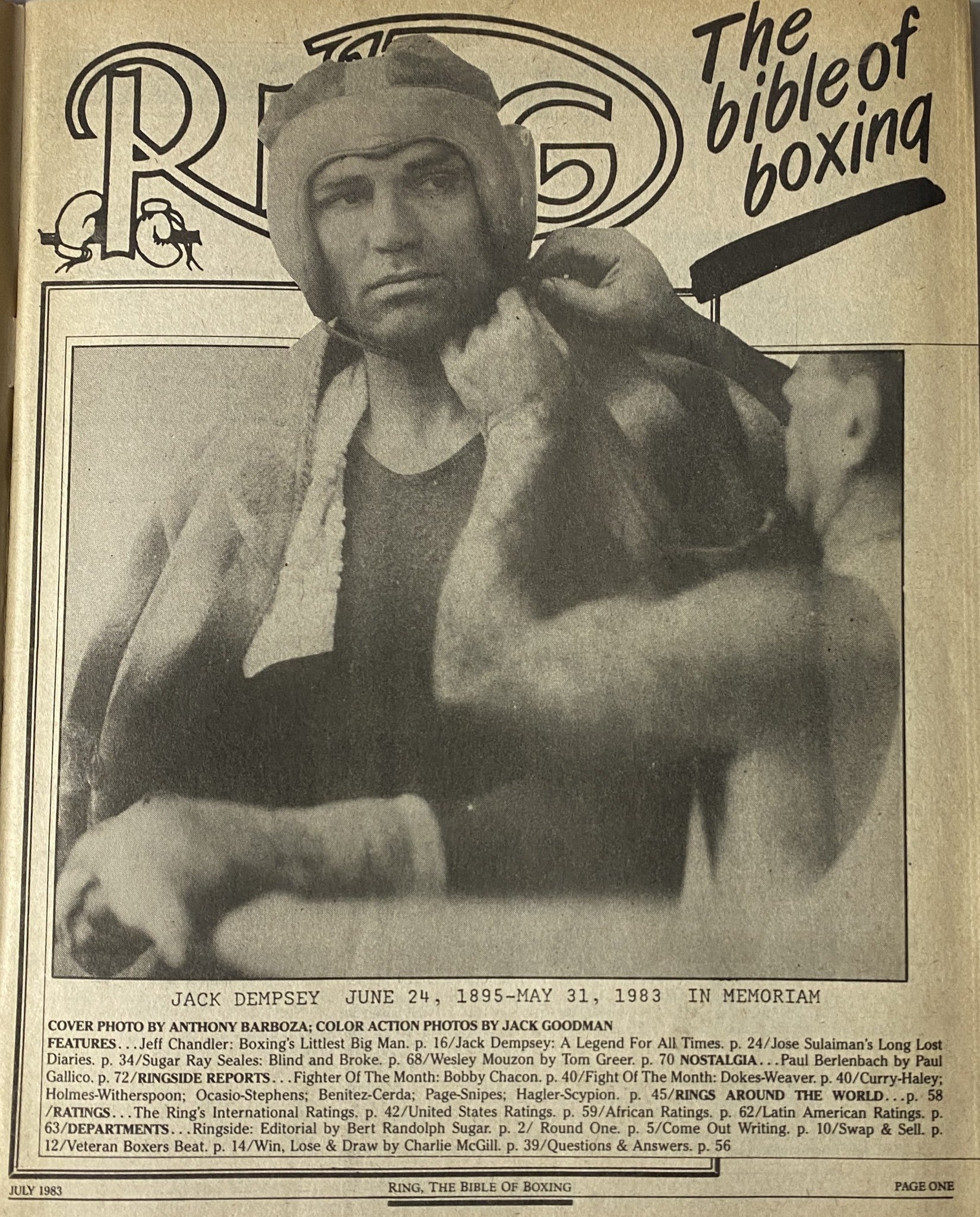 Inside page of The Ring Magazine July 1983 memorializing Jack Dempsey with a tribute image, highlighting his legacy in boxing as an iconic figure from June 24, 1895 to May 31, 1983.