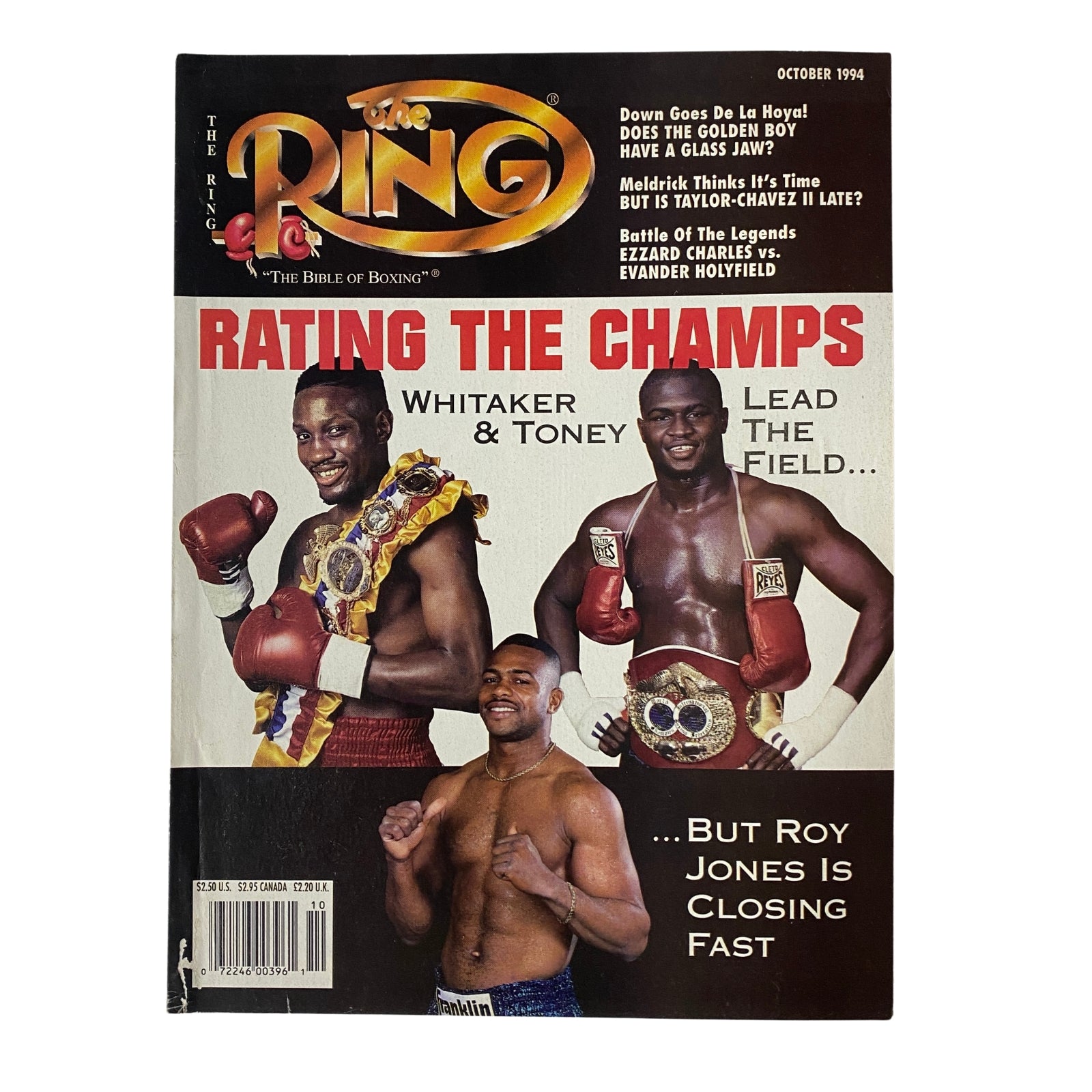 The Ring Magazine October 1994 featuring Roy Jones Jr., Pernell Whitaker, and James Toney on the cover, showcasing a pivotal moment in boxing history with the title 'Rating the Champs'.