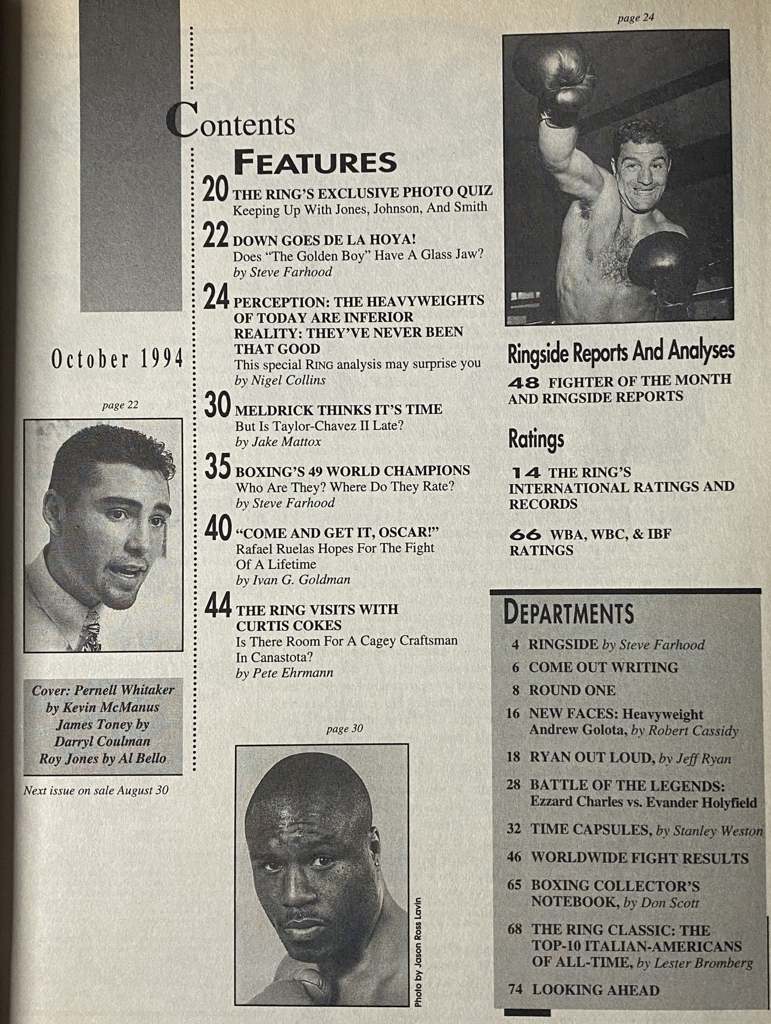 Contents page of The Ring Magazine October 1994, listing features such as 'The Ring’s Exclusive Photo Quiz' and articles on heavyweights and world champions, highlighting the magazine's in-depth boxing analysis.