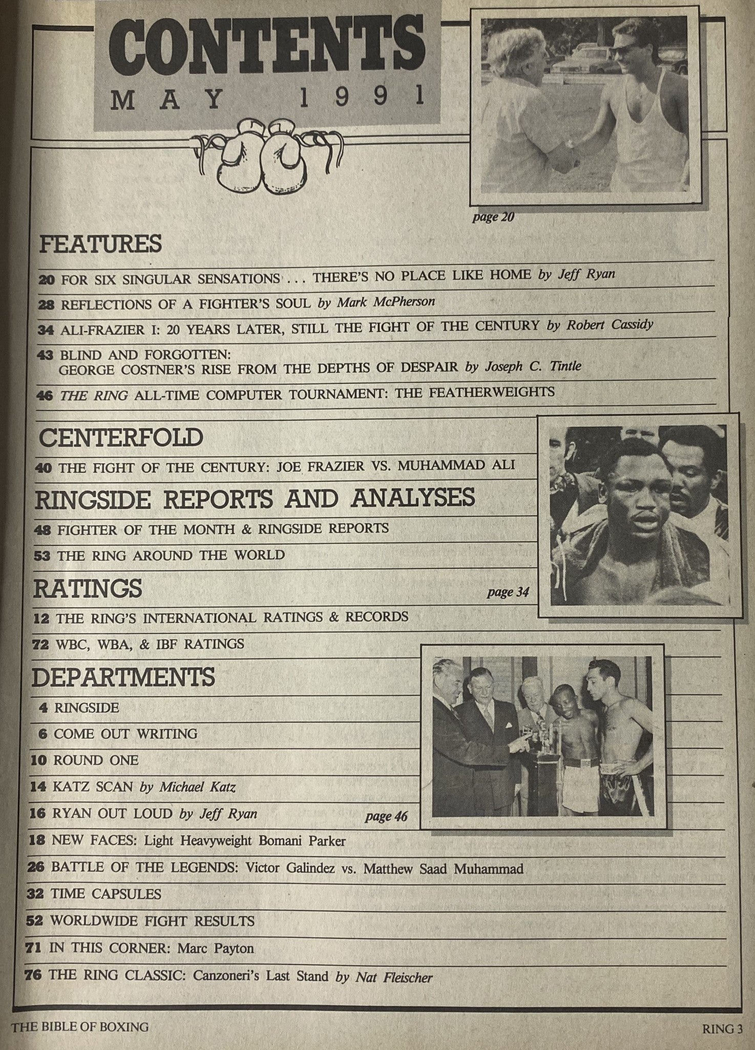 Contents page of The Ring Magazine May 1991 featuring highlights including features on Muhammad Ali and Joe Frazier, centerfold showcasing their legendary fight, reports and analyses, ratings, and departments presented. This issue celebrates the 20th anniversary of Ali vs Frazier I.